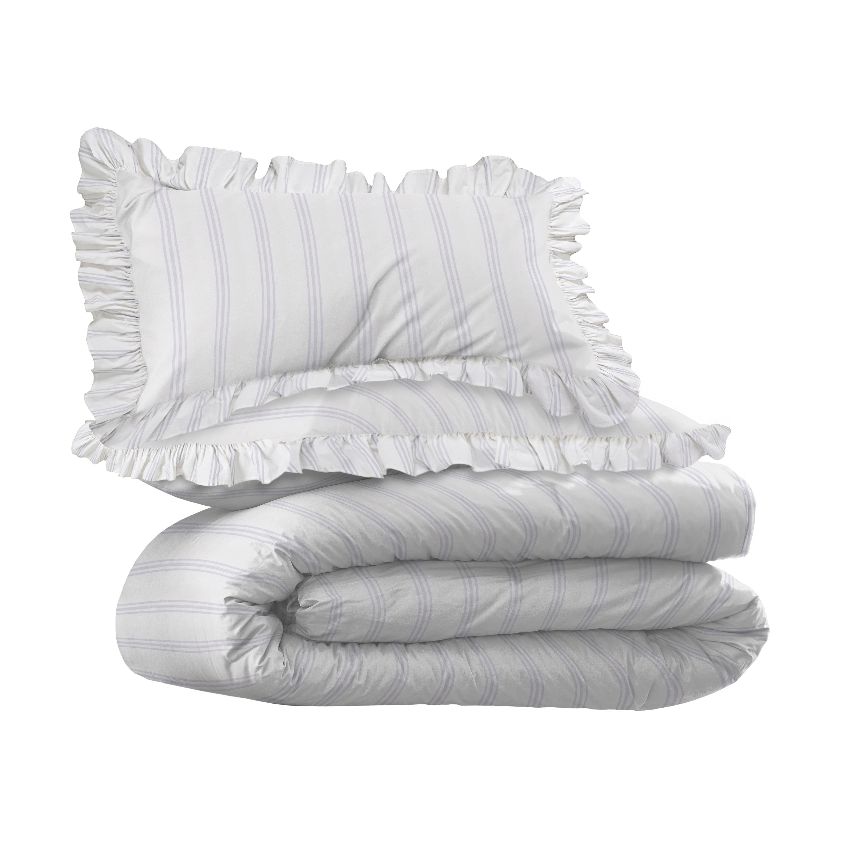 Comforter set featuring a striped design with ruffled edges on the pillow and comforter, in soft neutral tones.