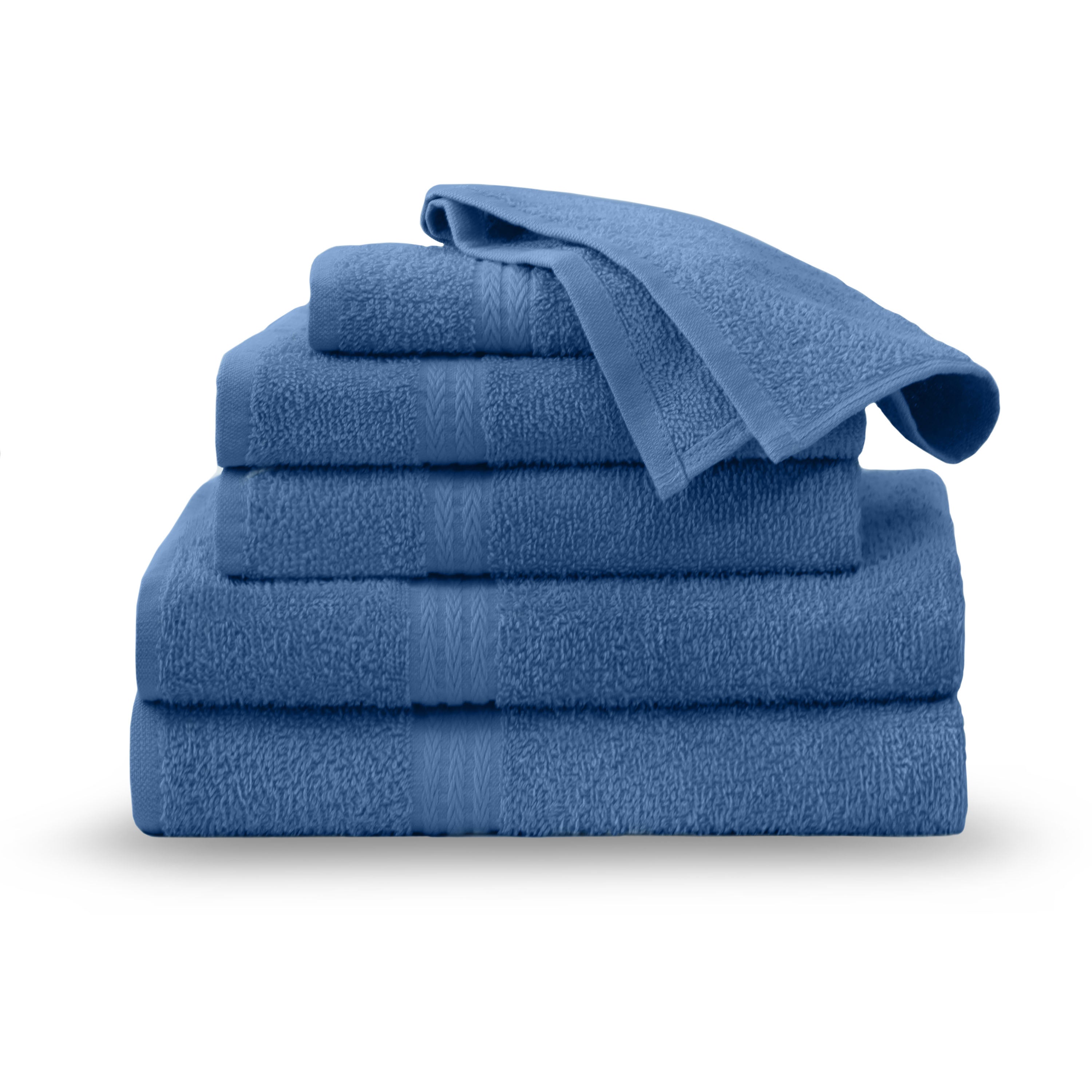 Set of six blue towels stacked neatly, including bath, hand, and washcloth sizes.