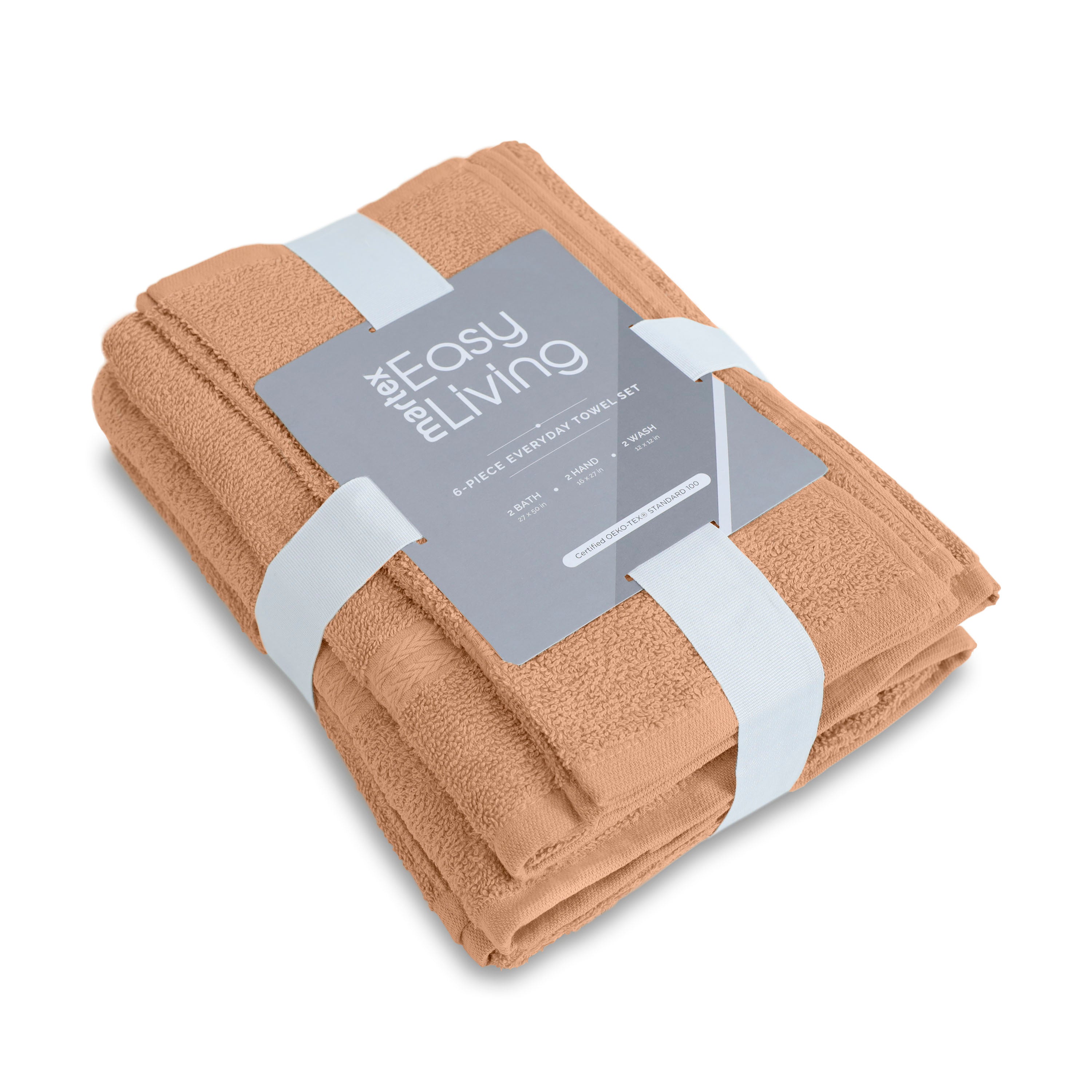 Stack of six towels in a warm beige color, secured with a white ribbon and labeled with product details.