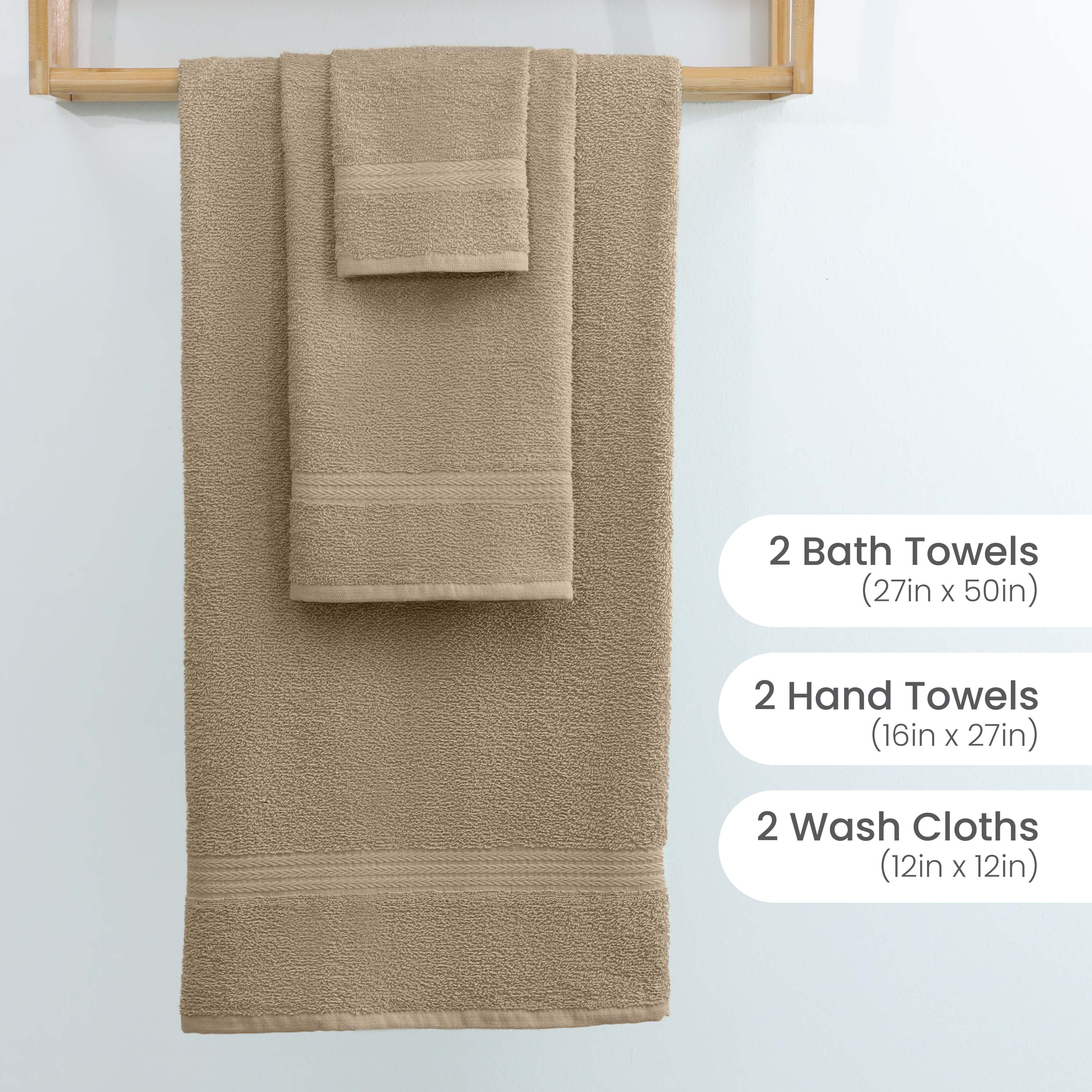 Set of beige towels including 2 bath towels, 2 hand towels, and 2 wash cloths displayed on a wooden rack.