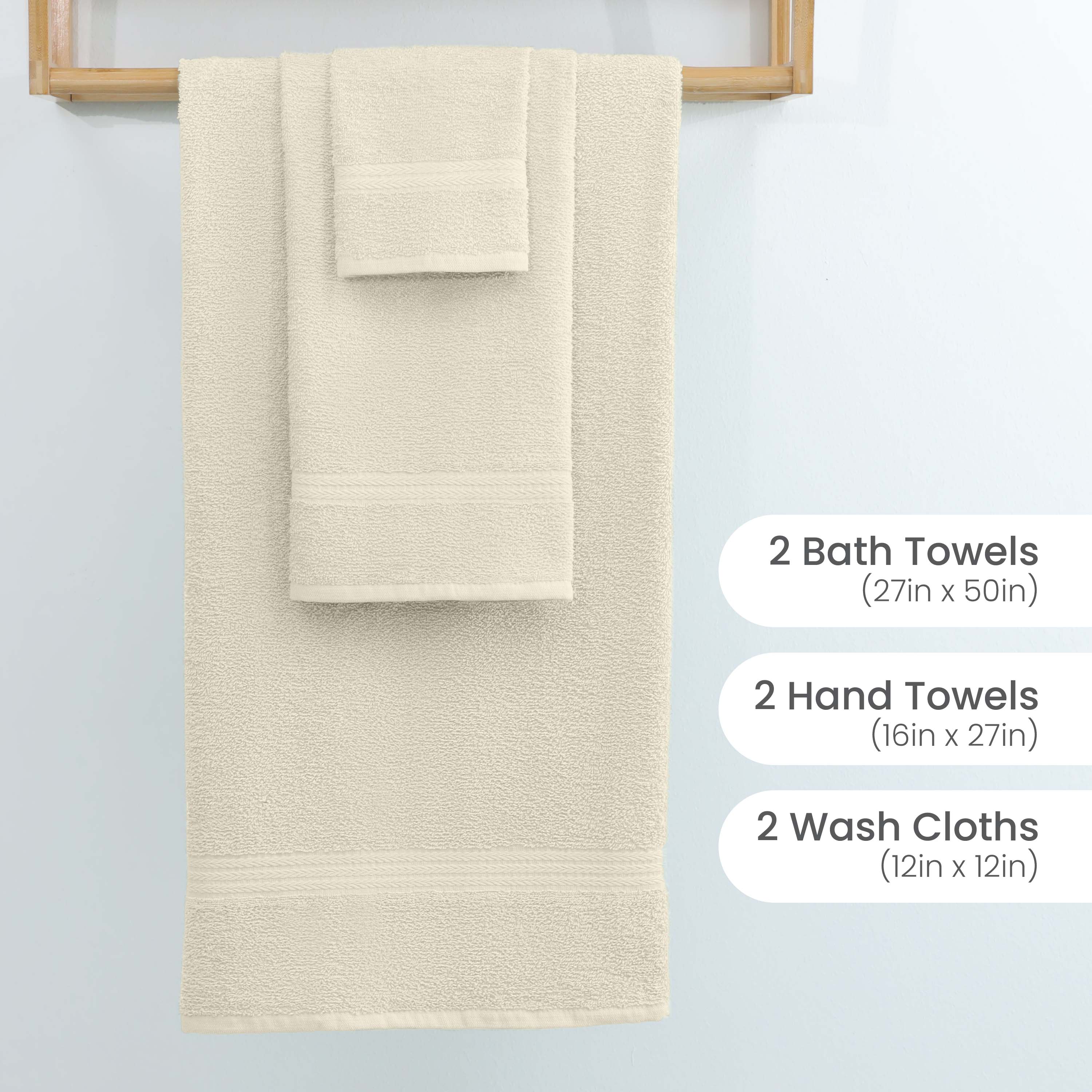 Set of six towels including two bath towels, two hand towels, and two wash cloths in a neutral color.
