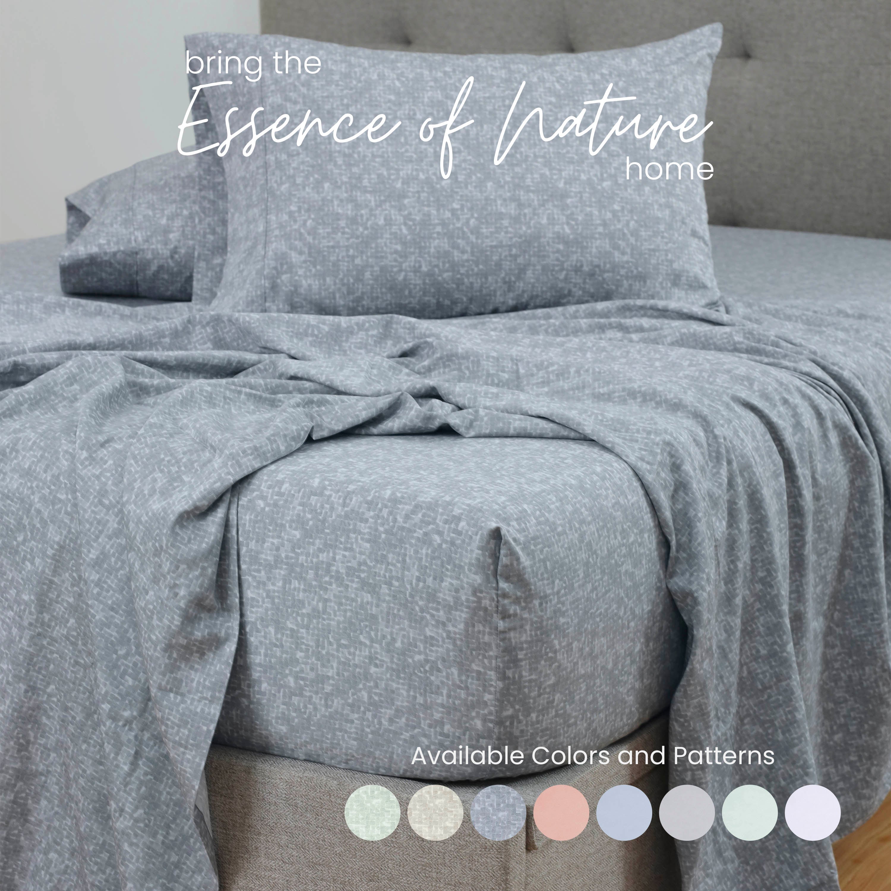 Charcoal bedding set on a bed with color swatches below, featuring the text 'bring the Essence of Nature home'.