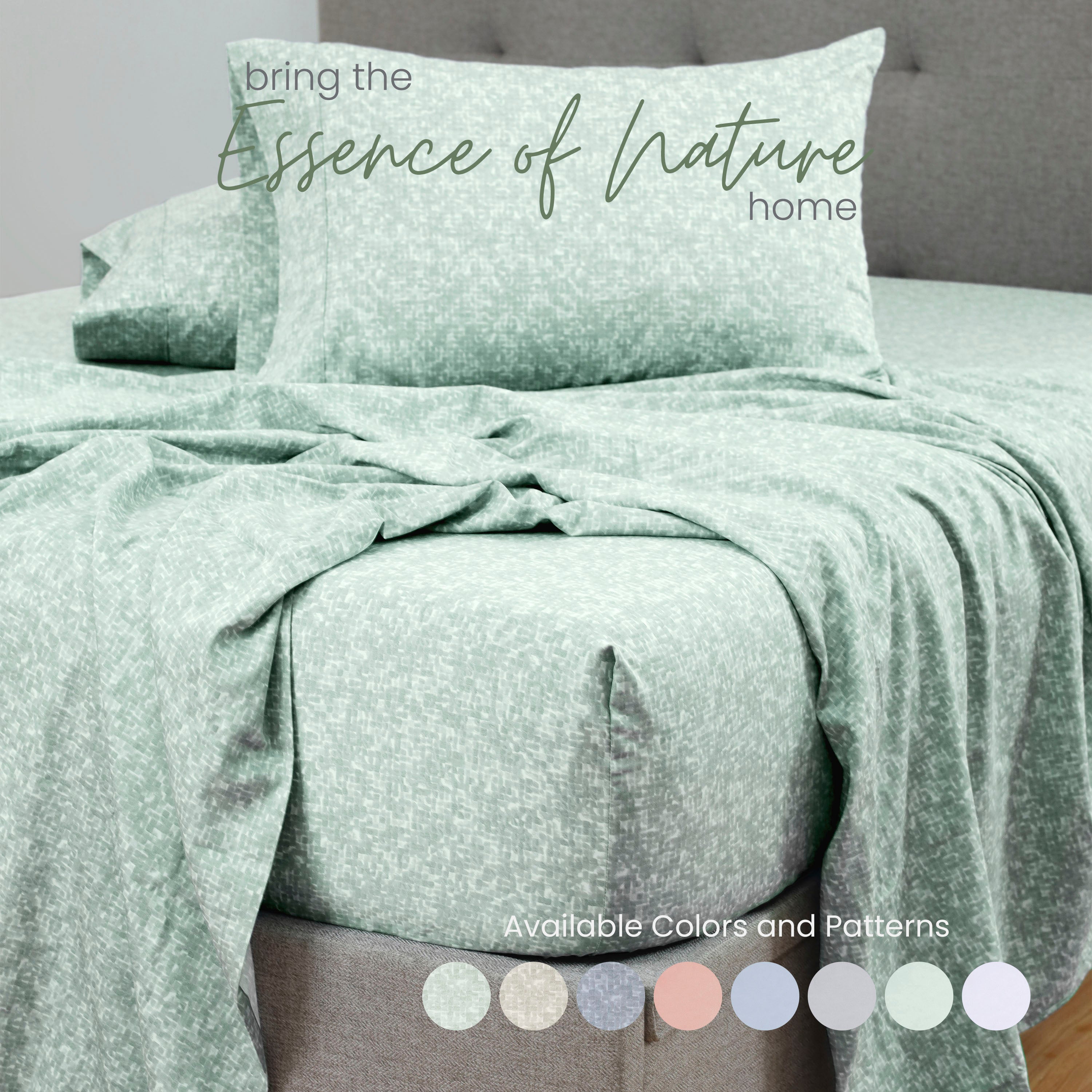 Sage patterned bedding set on a bed