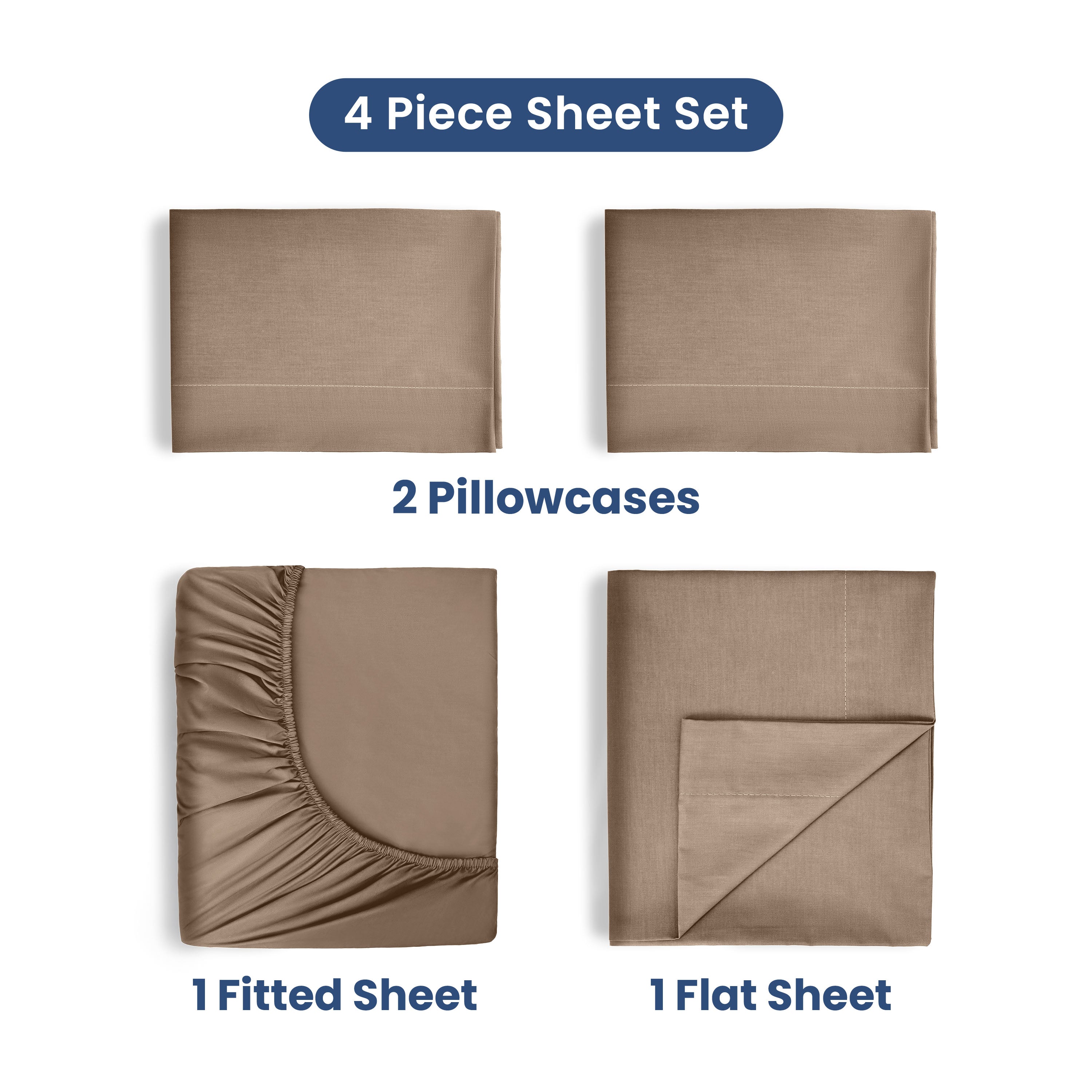 Four-piece sheet set includes two pillowcases, one fitted sheet, and one flat sheet in a solid color.