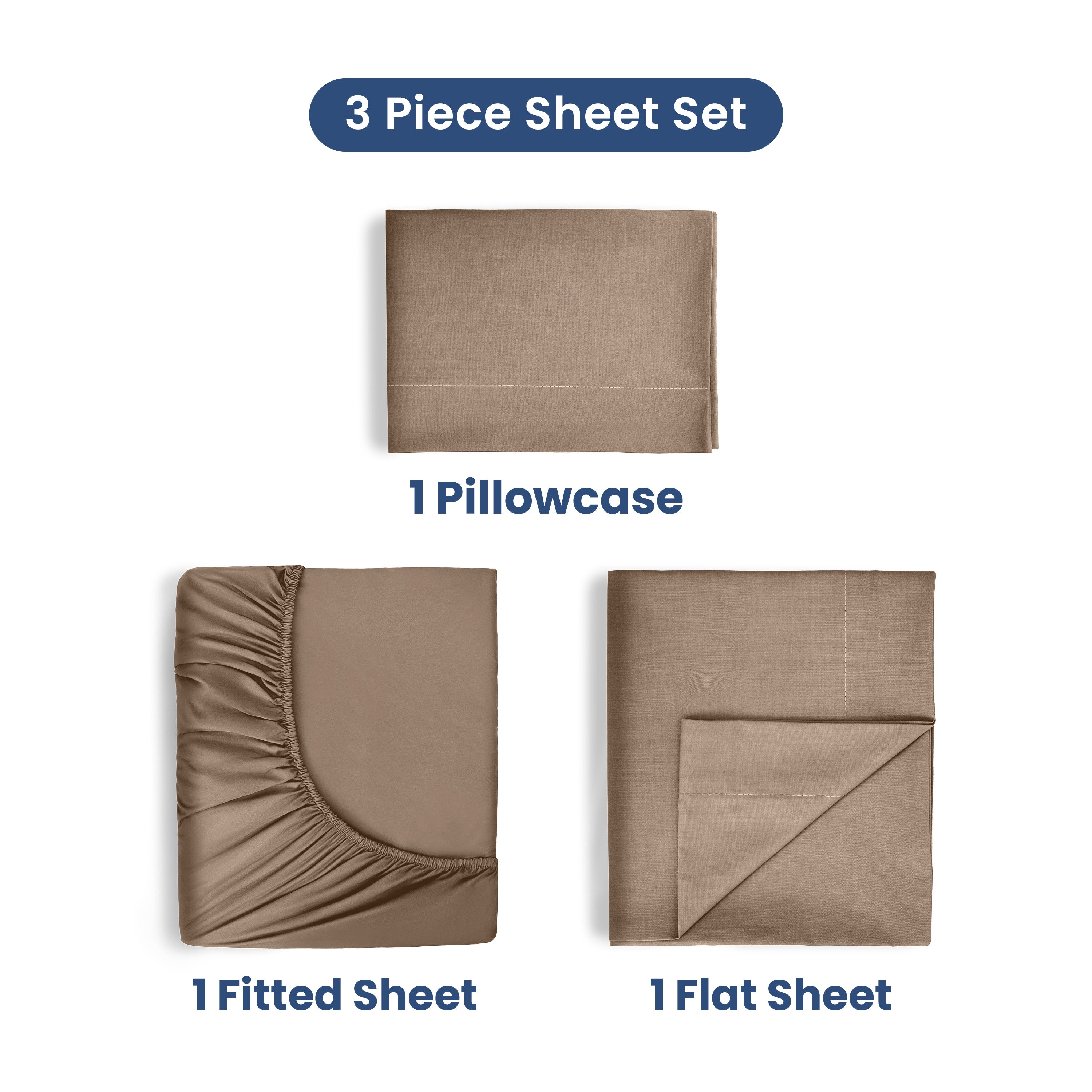 Three-piece cotton sheet set includes one fitted sheet, one flat sheet, and one pillowcase in a neutral color.
