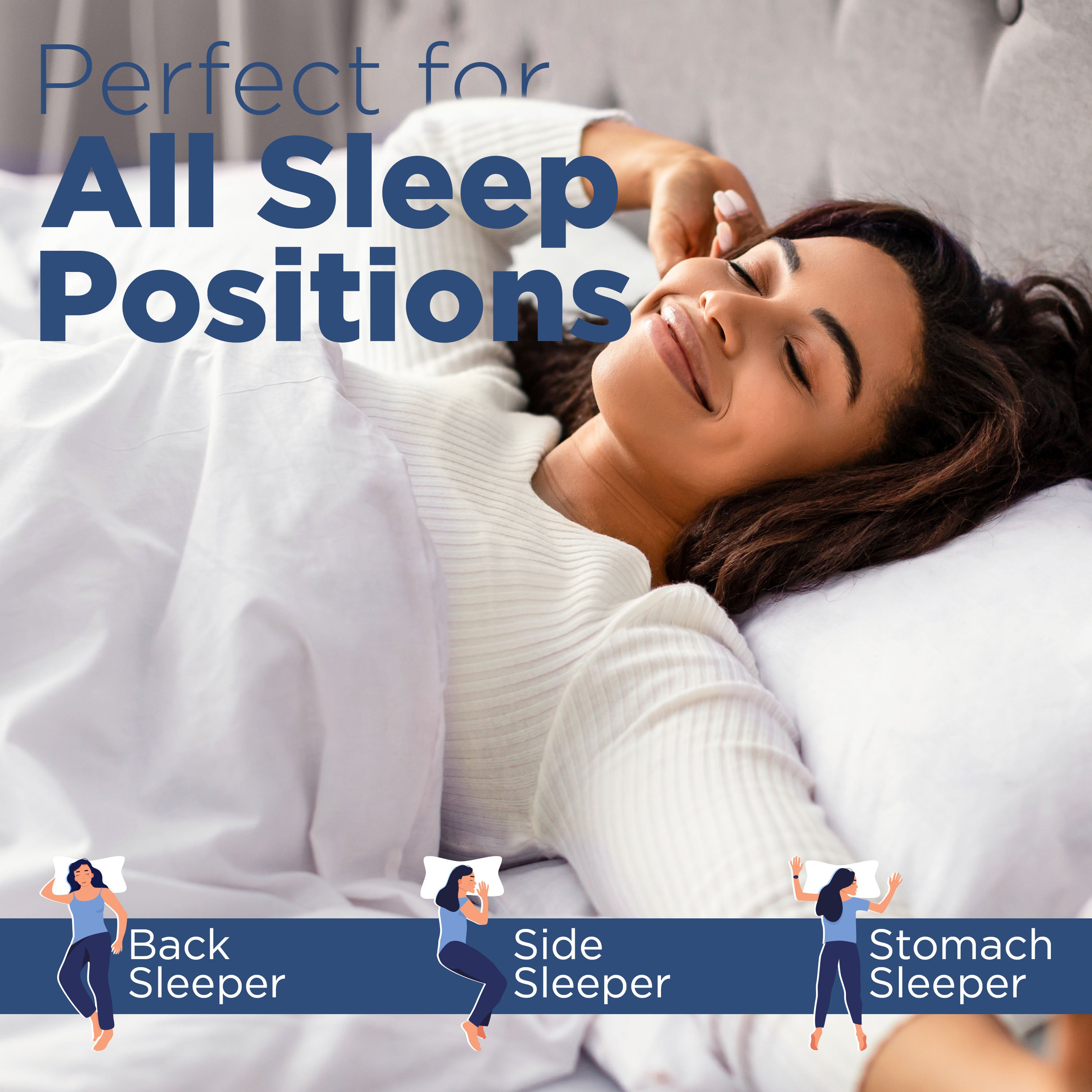 A woman smiles while lying on a bed with white pillows, showcasing comfort for various sleep positions.