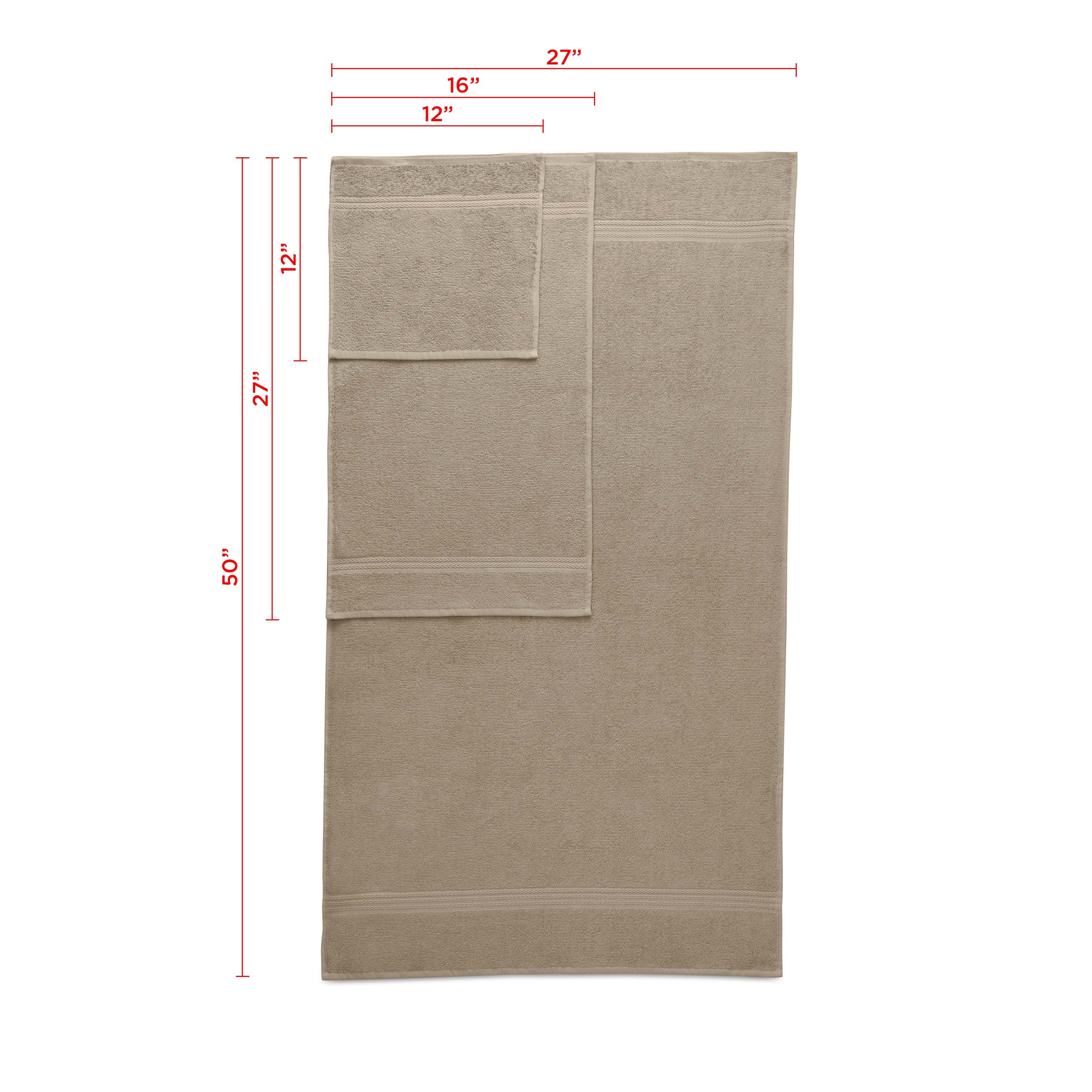 Beige towel set featuring two bath towels, two hand towels, and two washcloths with measurements displayed.