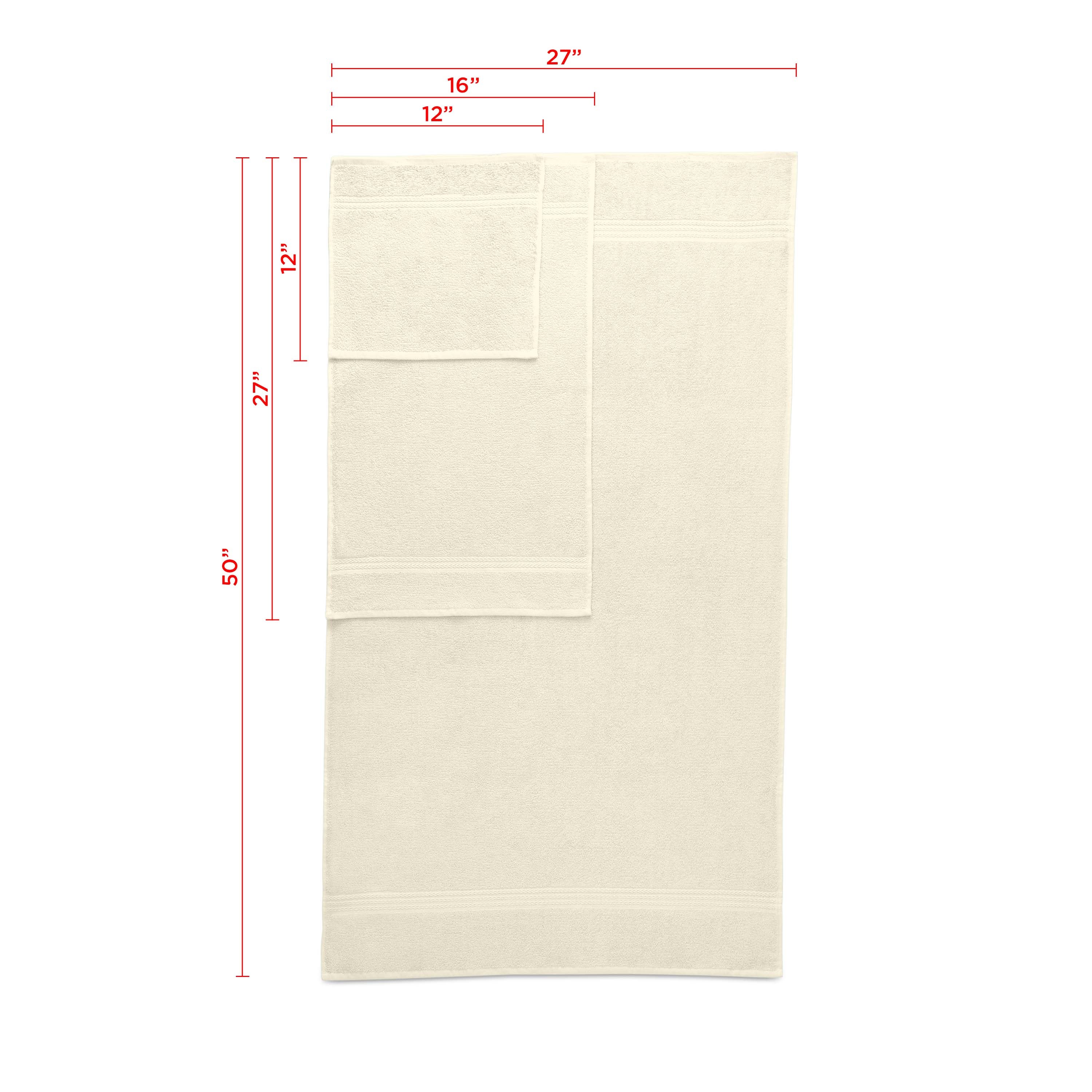 Set of six towels in a light color, including bath and hand towels, with dimensions and care instructions displayed.