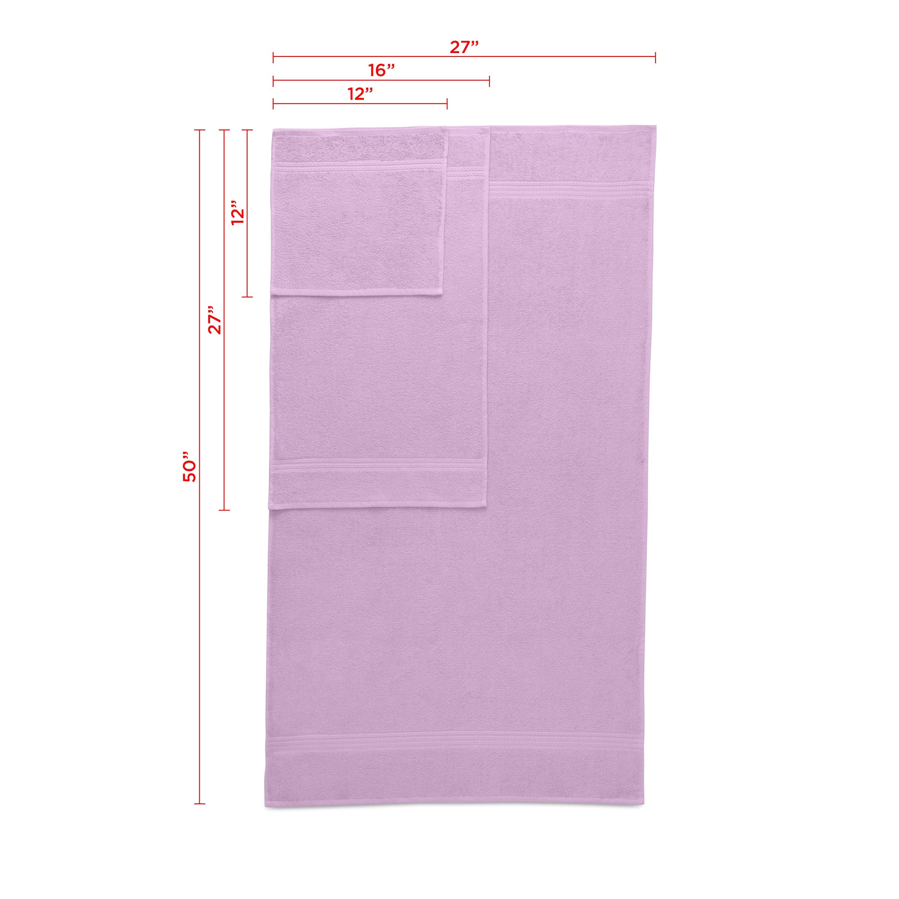 Set of six lavender towels including bath, hand, and washcloth sizes with dimensions indicated.