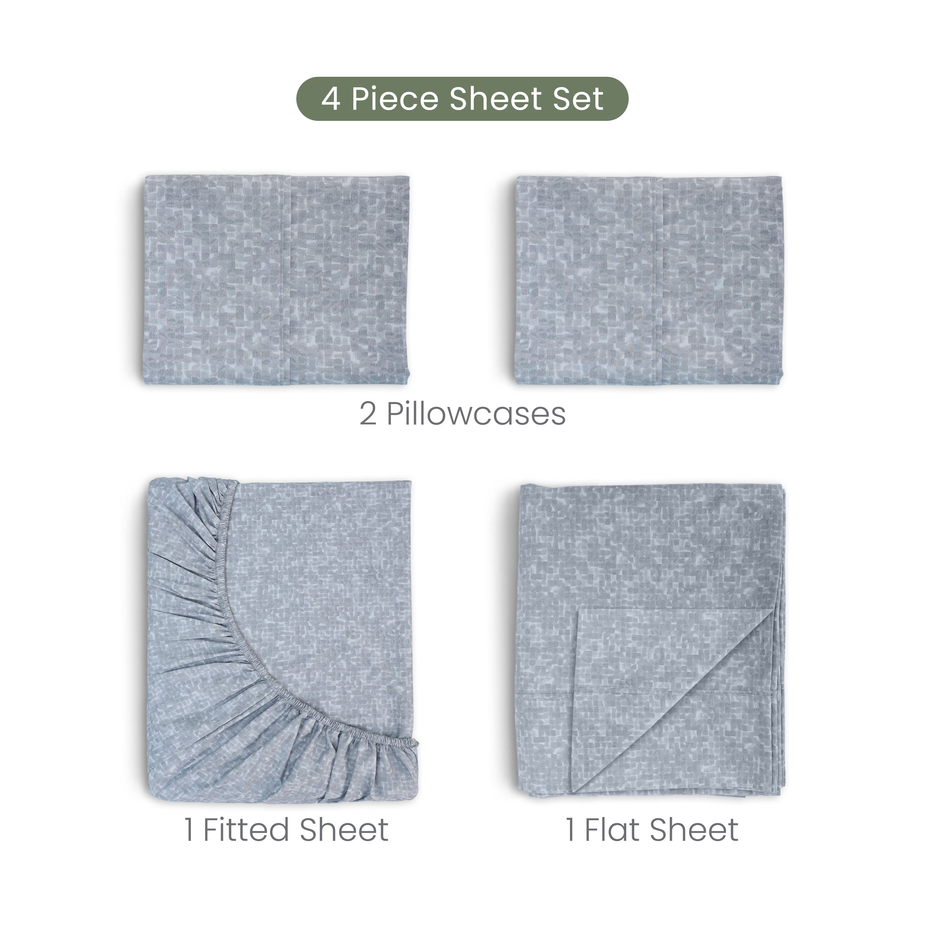 4-piece sheet set with 2 pillowcases, 1 fitted sheet, and 1 flat sheet on a white background.