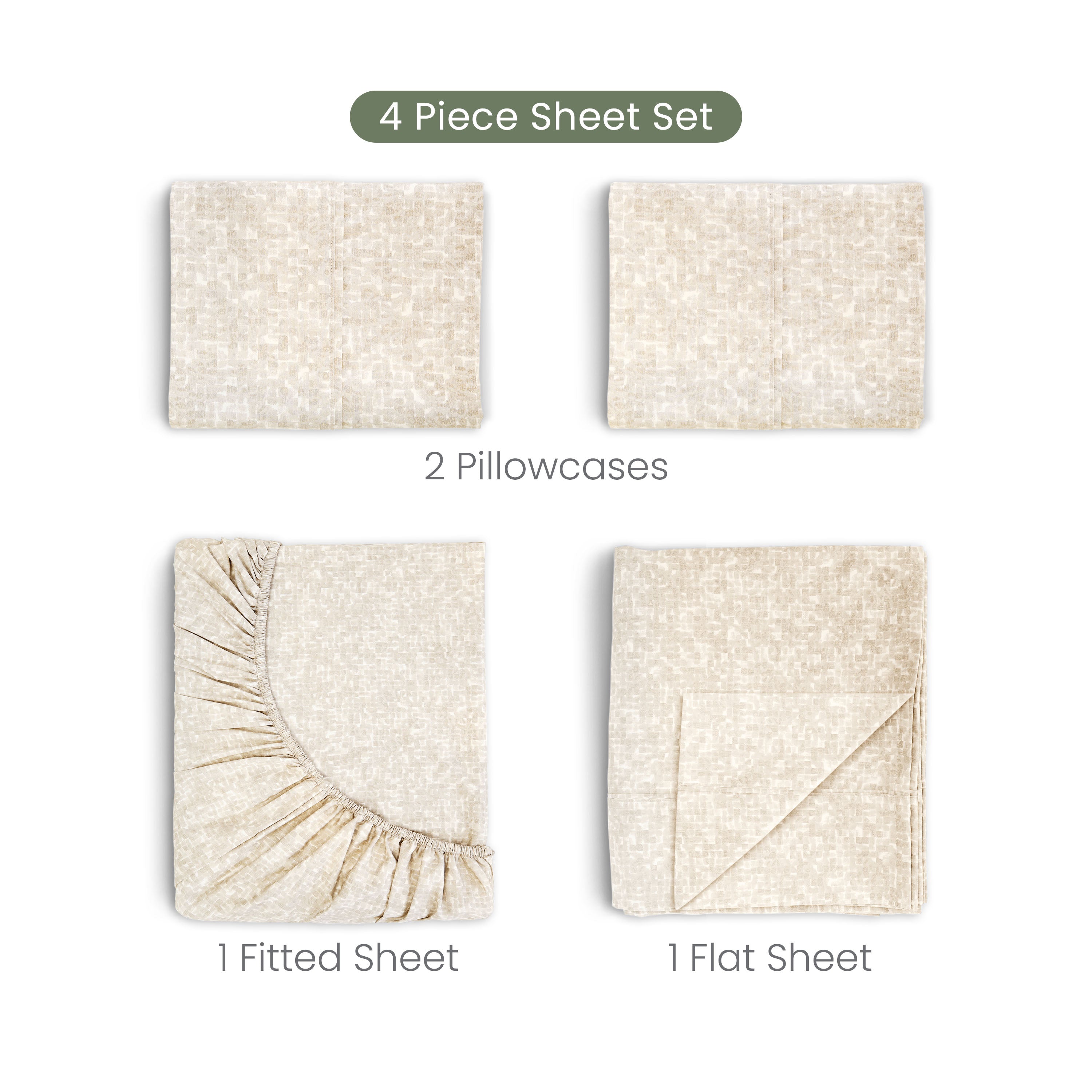 4-piece sheet set with two pillowcases, a fitted sheet, and a flat sheet on a white background.