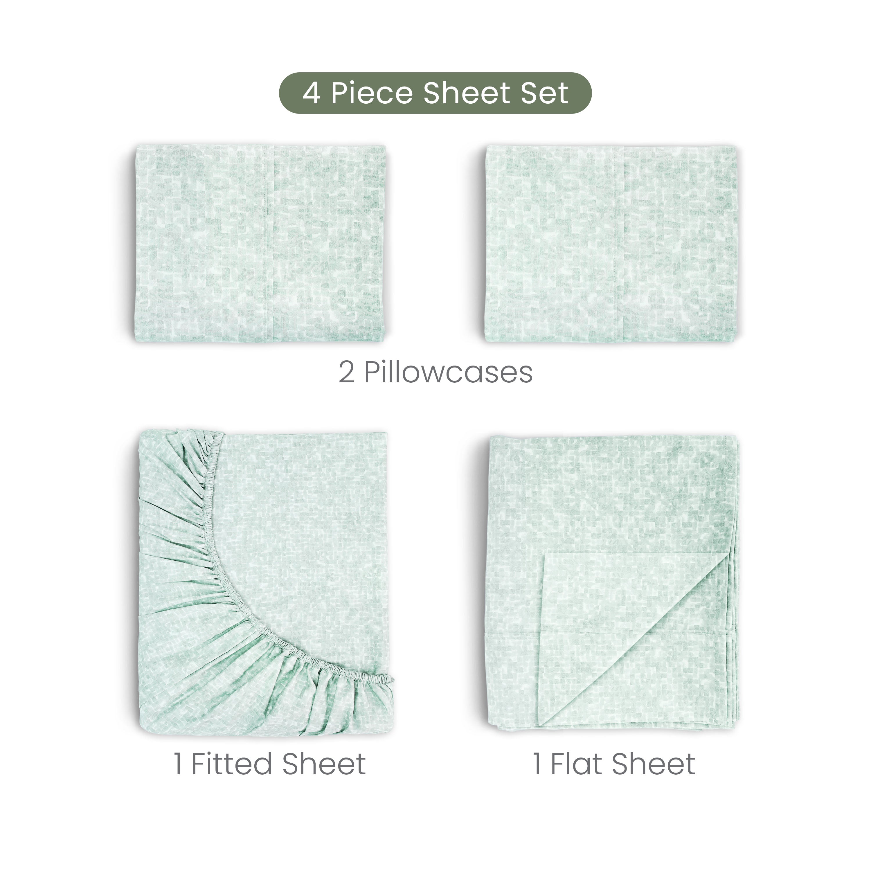 4-piece sheet set with two pillowcases, a fitted sheet, and a flat sheet on a white background.