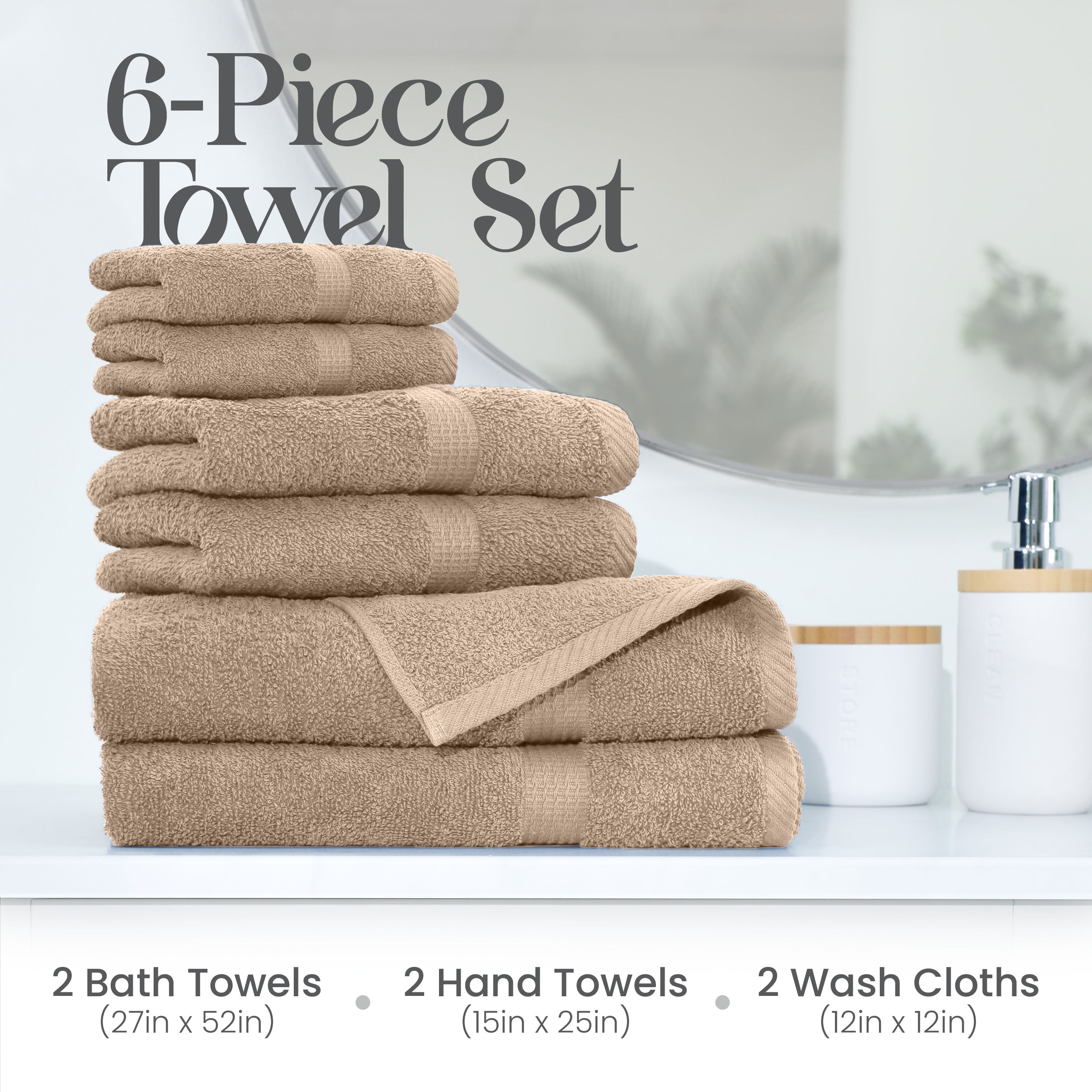 Set of six towels in beige, including two bath towels, two hand towels, and two wash cloths, stacked on a counter.
