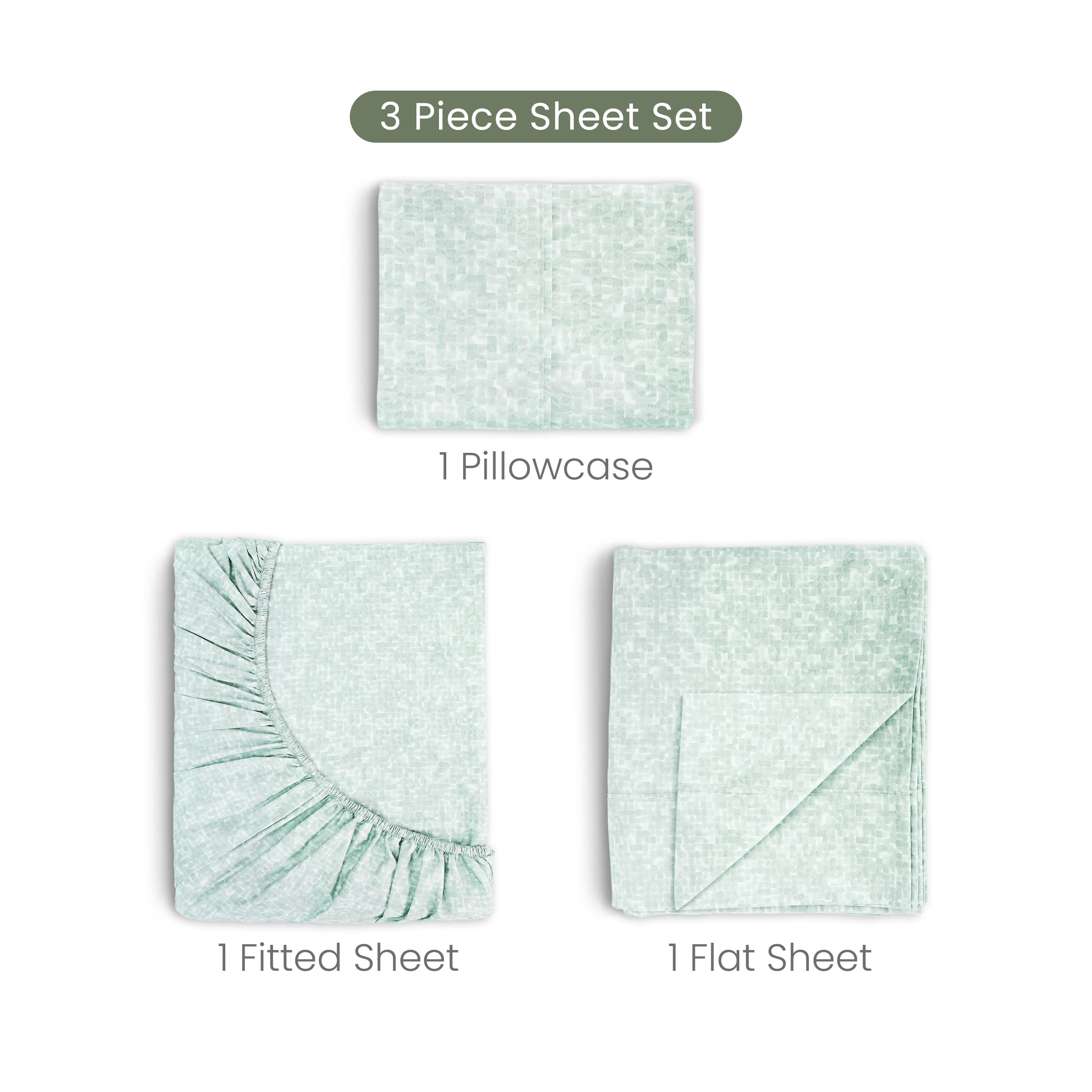 Three-piece sheet set with pillowcase, fitted sheet, and flat sheet on a white background