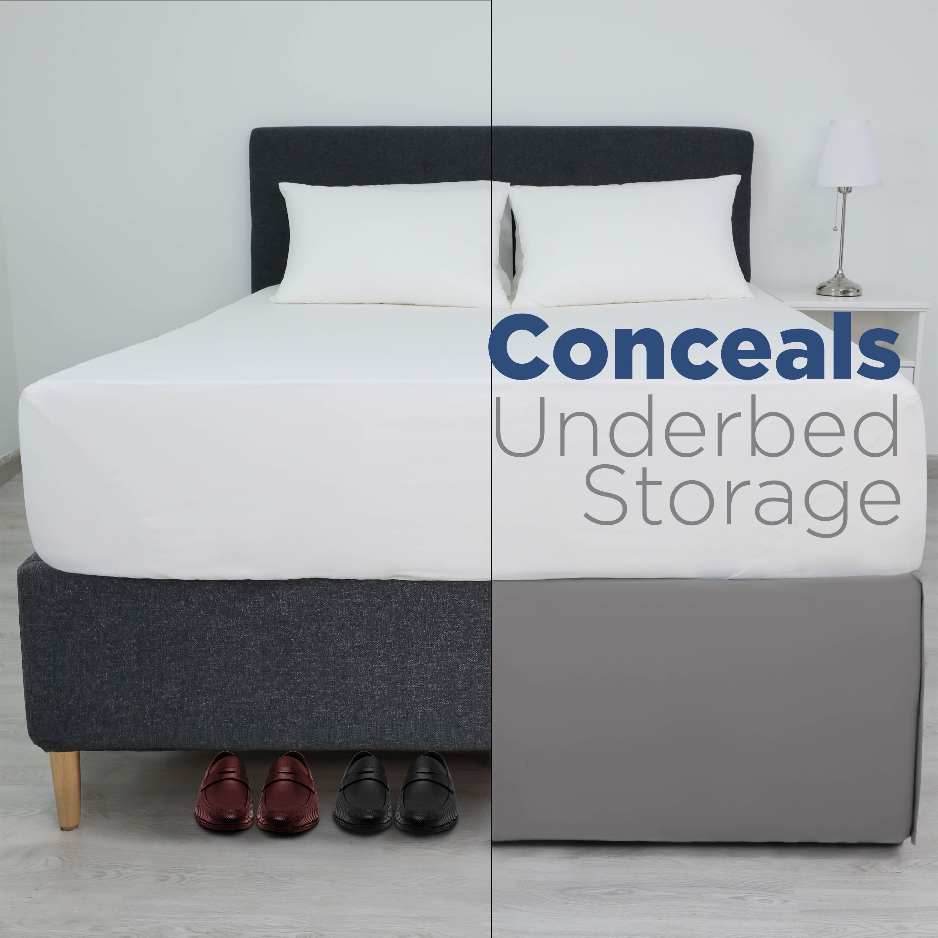 Bed with a white mattress and pillows, featuring a gray bed skirt that covers underbed storage and shoes.