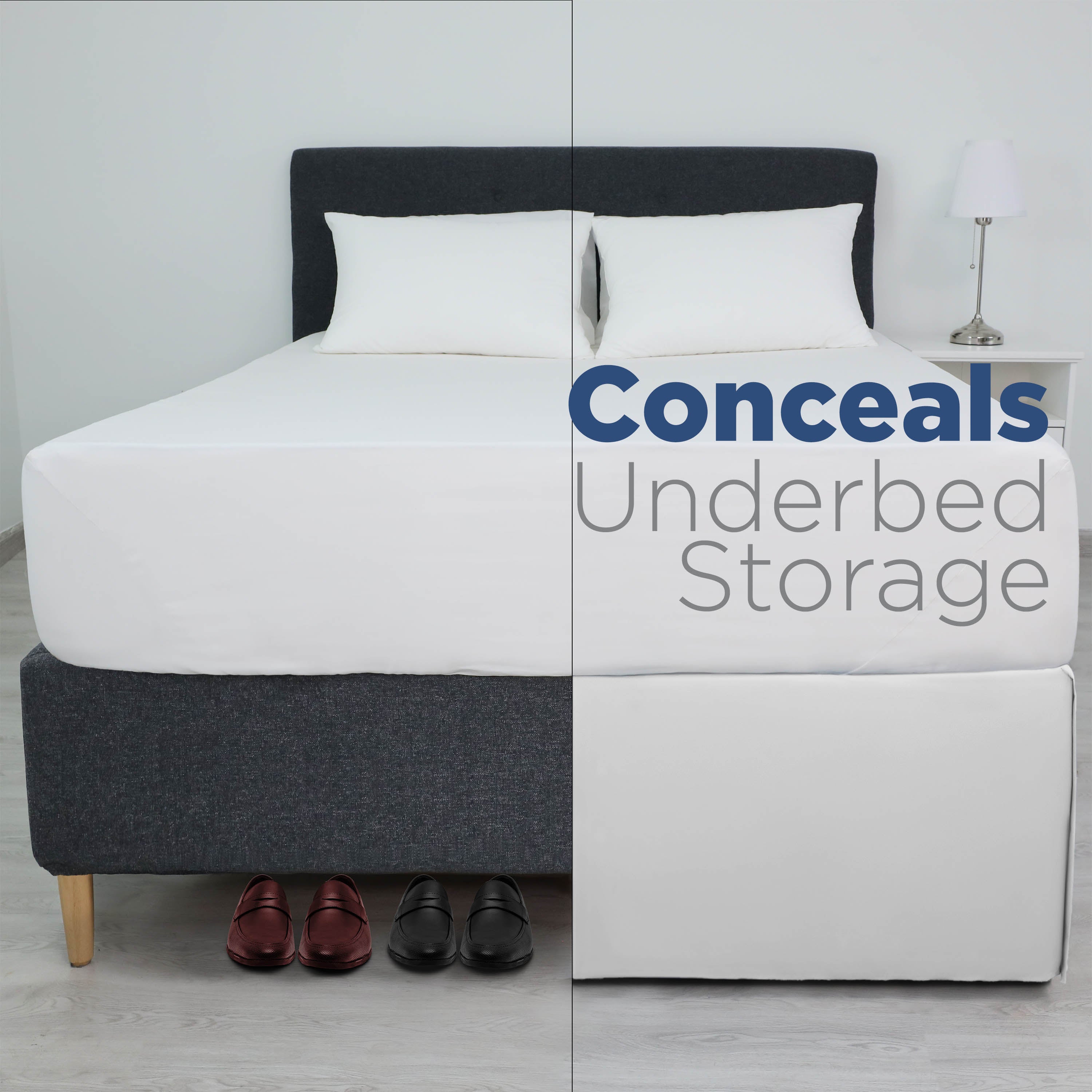Bed with a white mattress and two pillows, featuring a long bed skirt that covers underbed storage and shoes.
