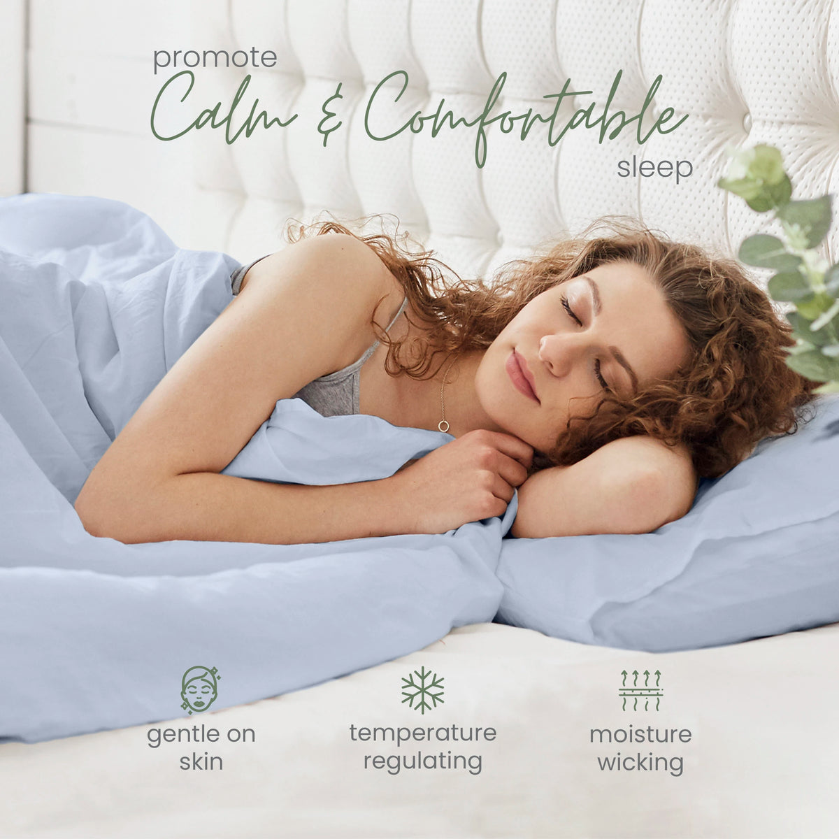 Woman sleeping on a blue bed set with text promoting calm and comfortable sleep, featuring features like gentle on skin, temperature regulating, and moisture wicking.