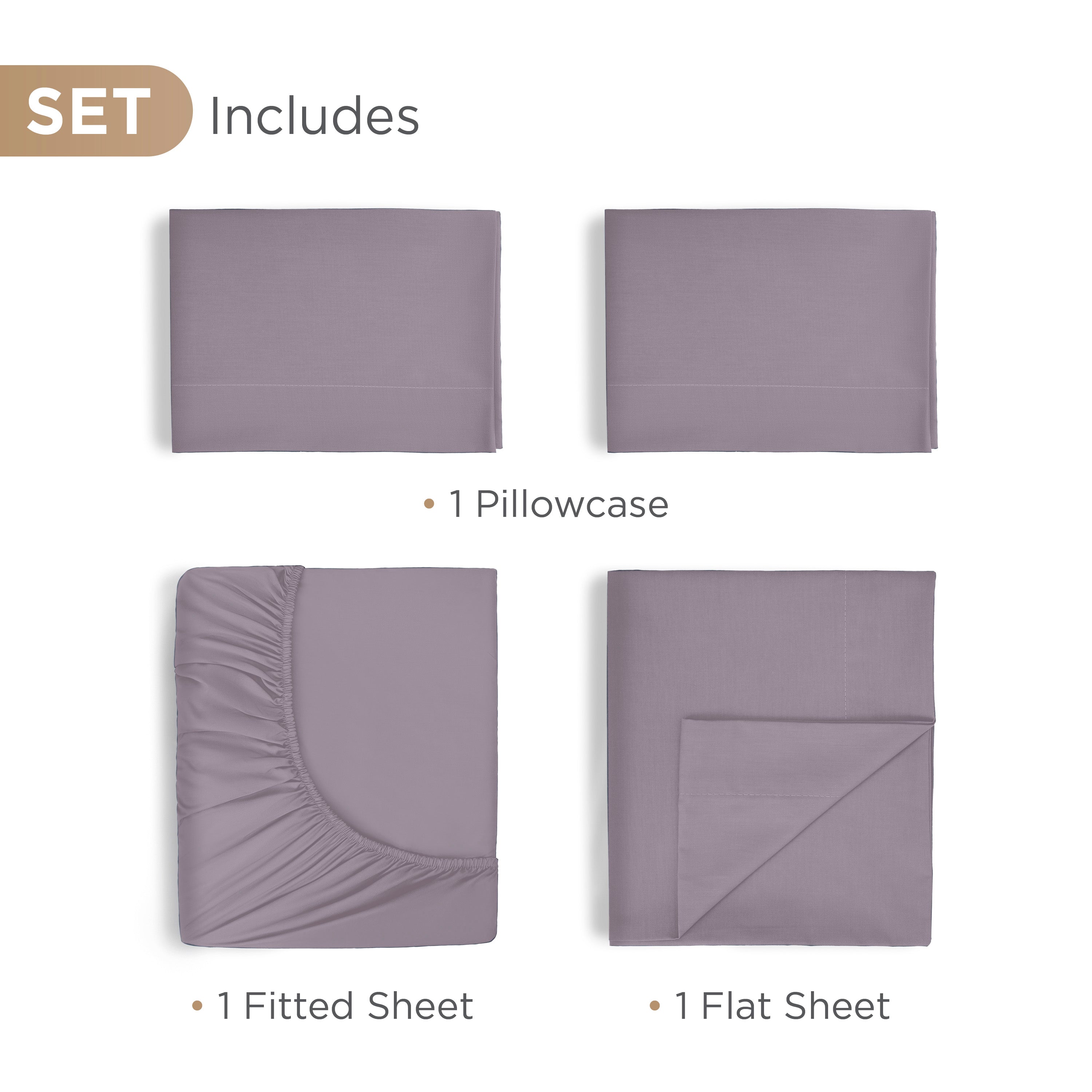 Includes one fitted sheet, one flat sheet, and one pillowcase in a soft lavender color.