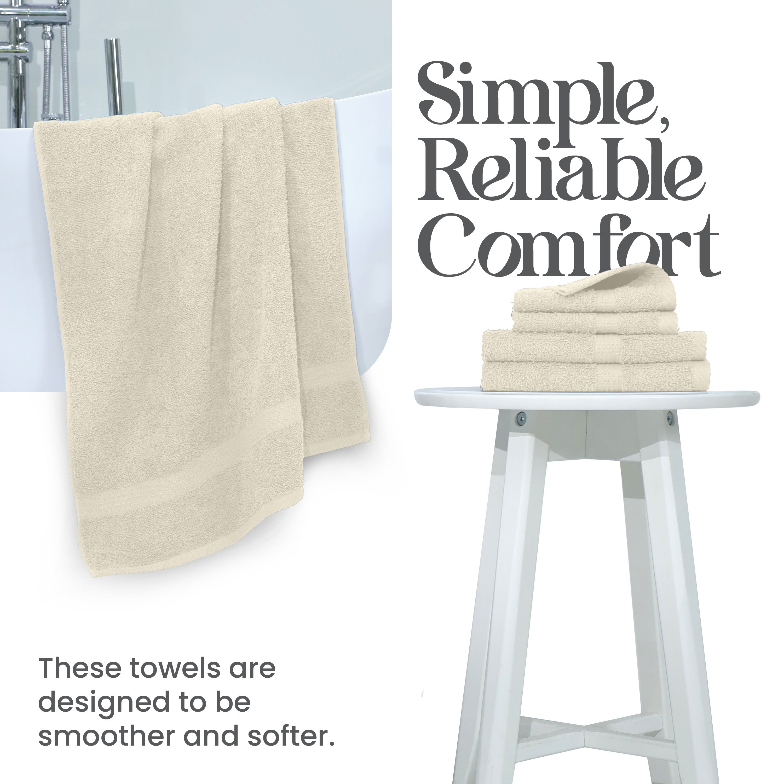 Two beige towels hanging and a stack of four smaller beige towels on a white stool, with text on the side.