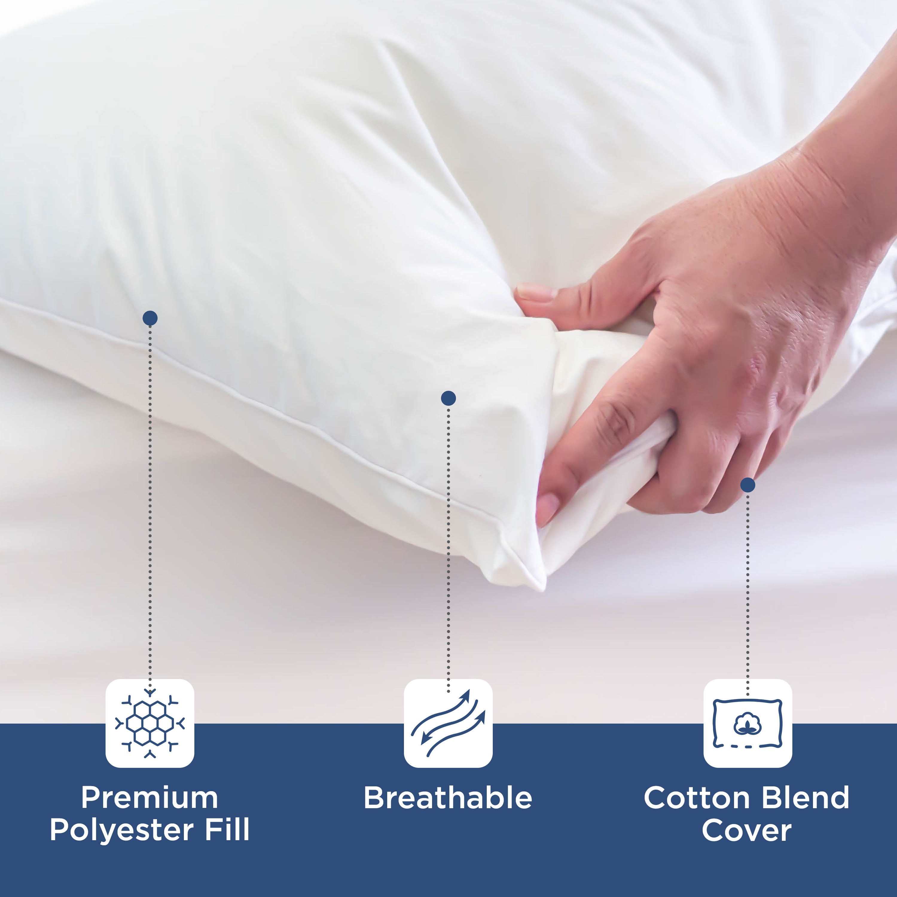 Decorative pillow with a cotton blend cover and premium polyester fill, being held against a bed.