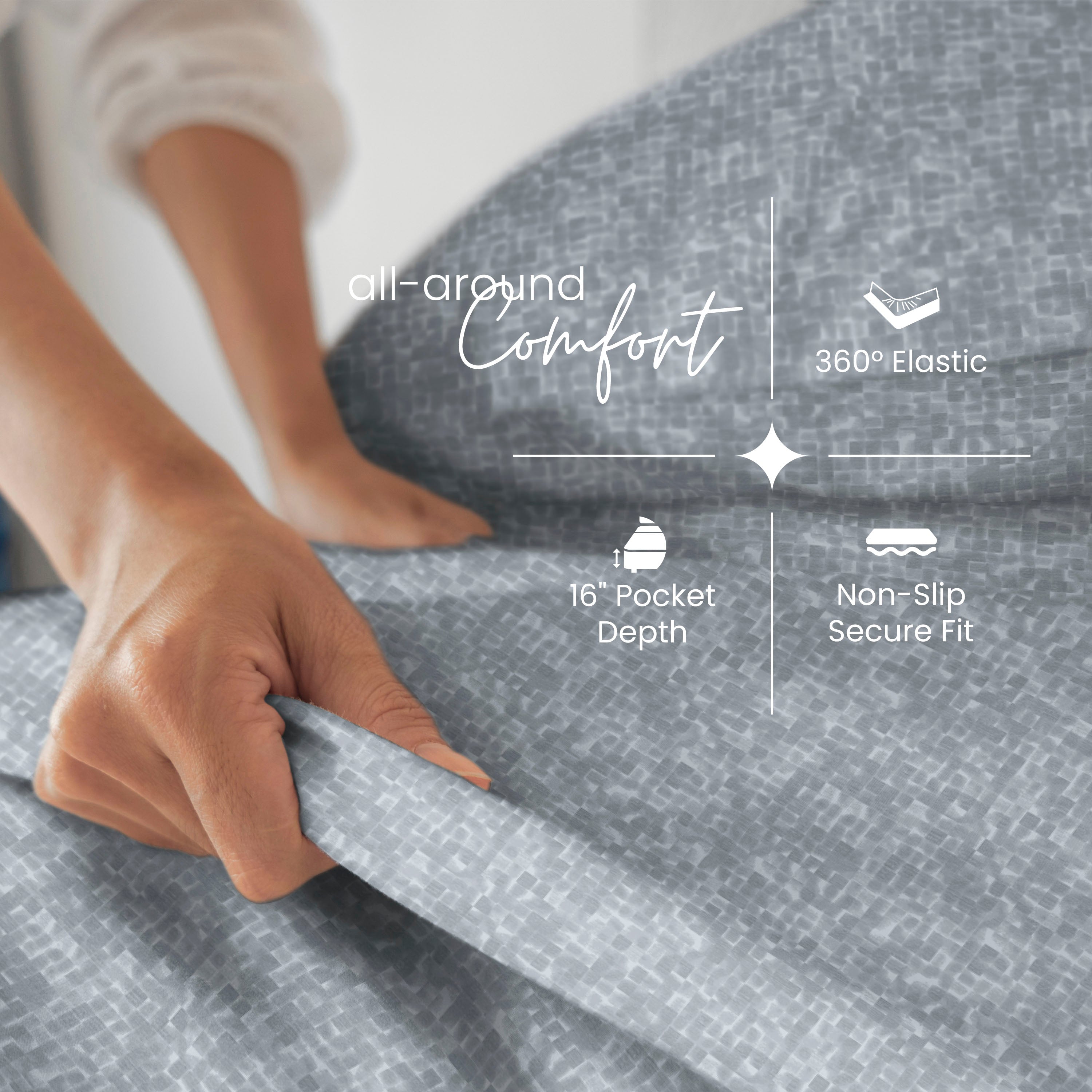 Charcoal fabric with a hand pulling on it, highlighting features like 'all-around comfort' and '360° elastic'.