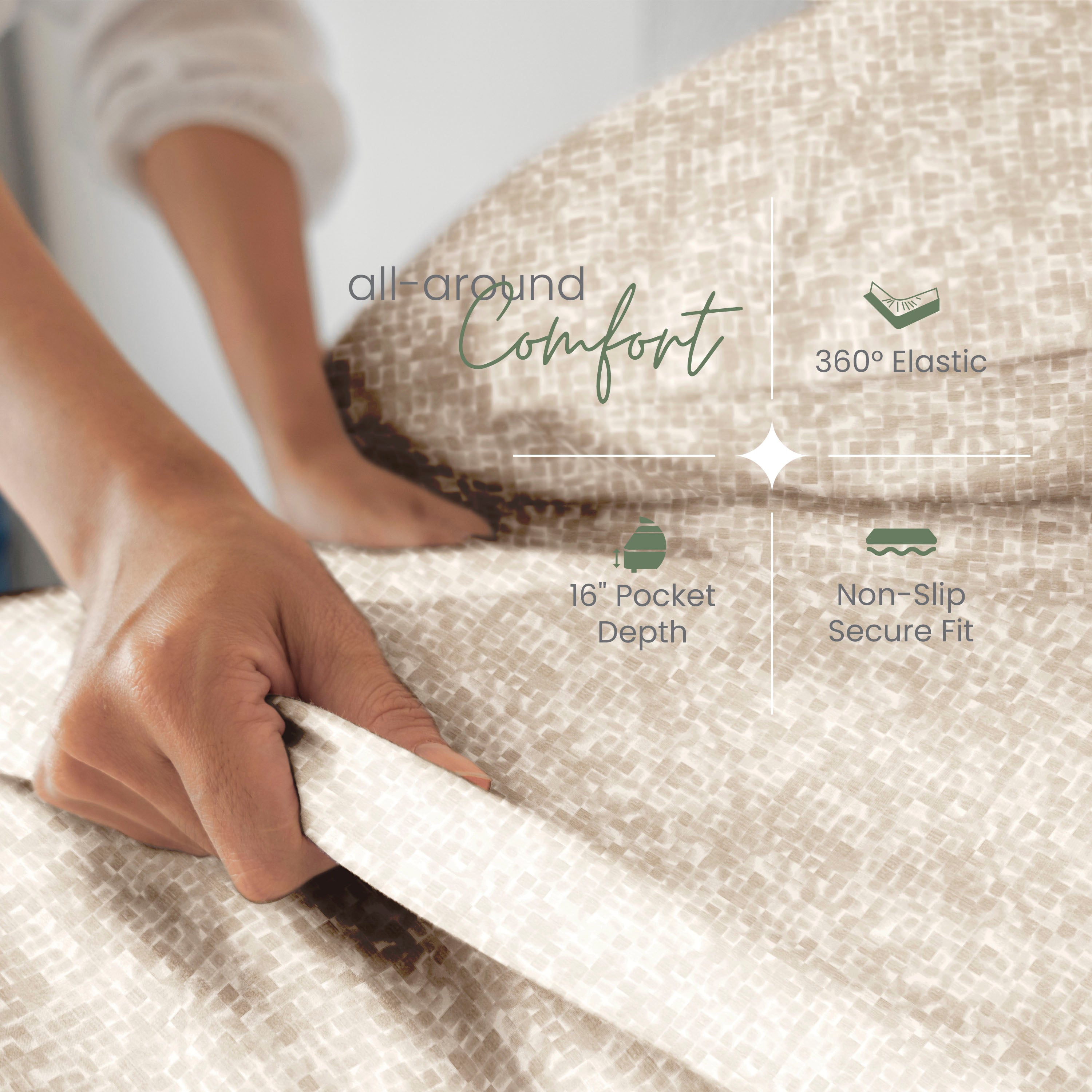 Person adjusting a fitted sheet with text highlighting features like 'all-around comfort' and '360° elastic'.