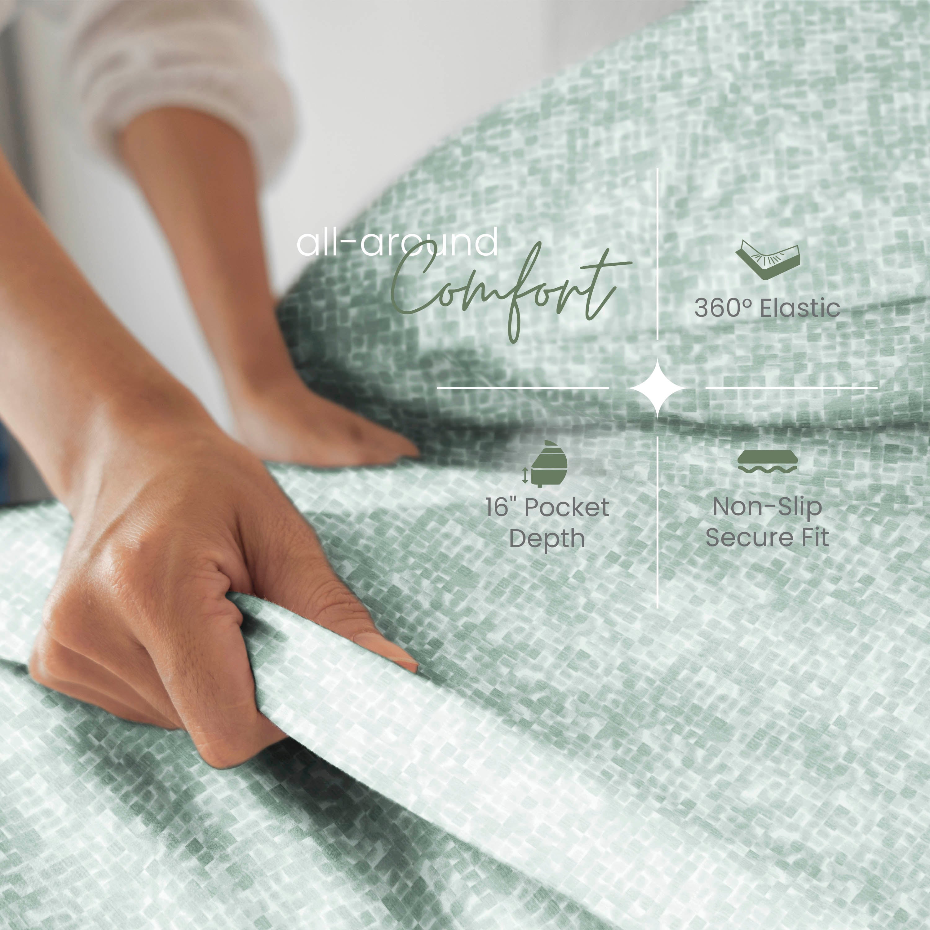 Hand holding a sage mattress topper with text highlighting features like 'all-around comfort' and '360° elastic'.