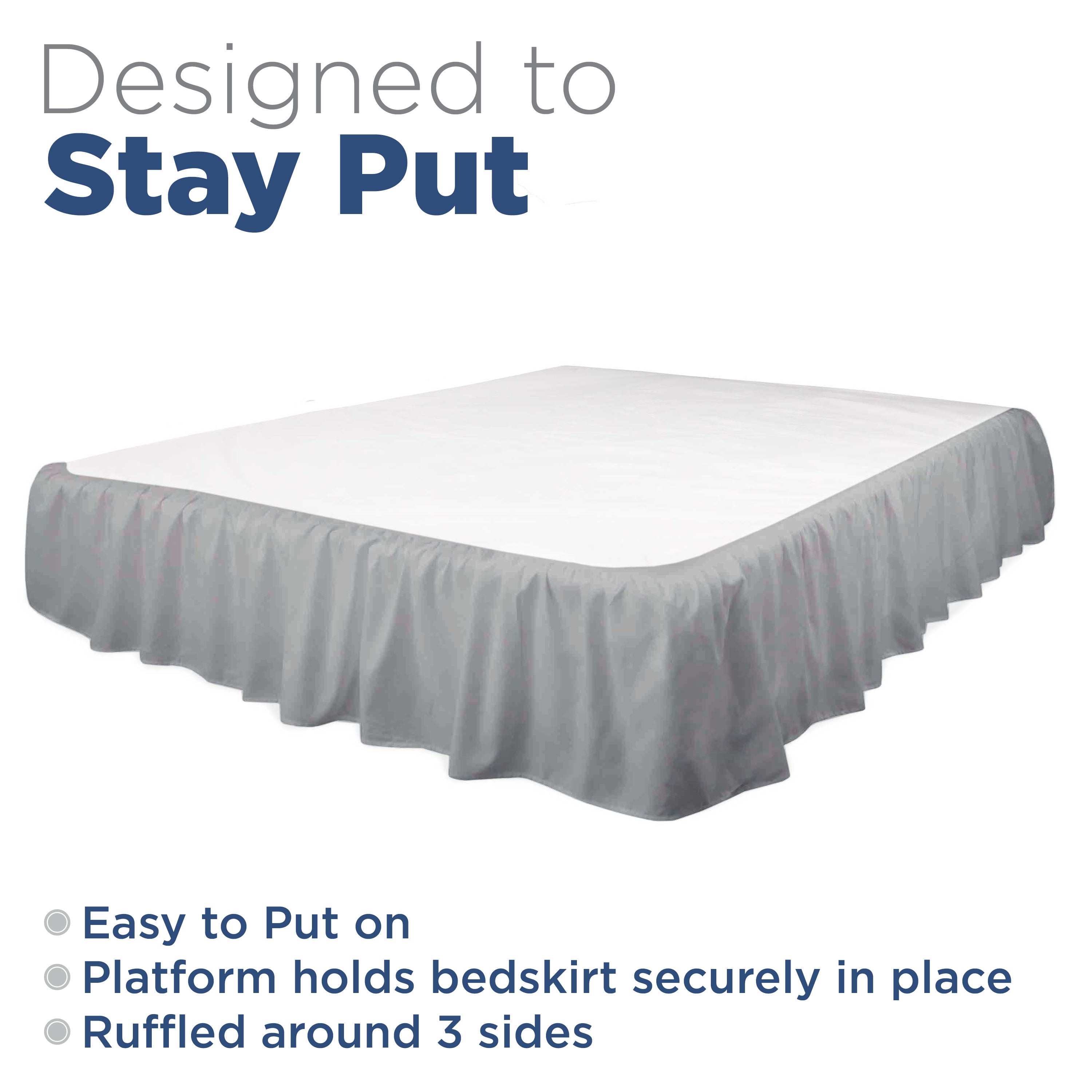 Ruffled bed skirt in gray, designed to fit securely around three sides of a bed.