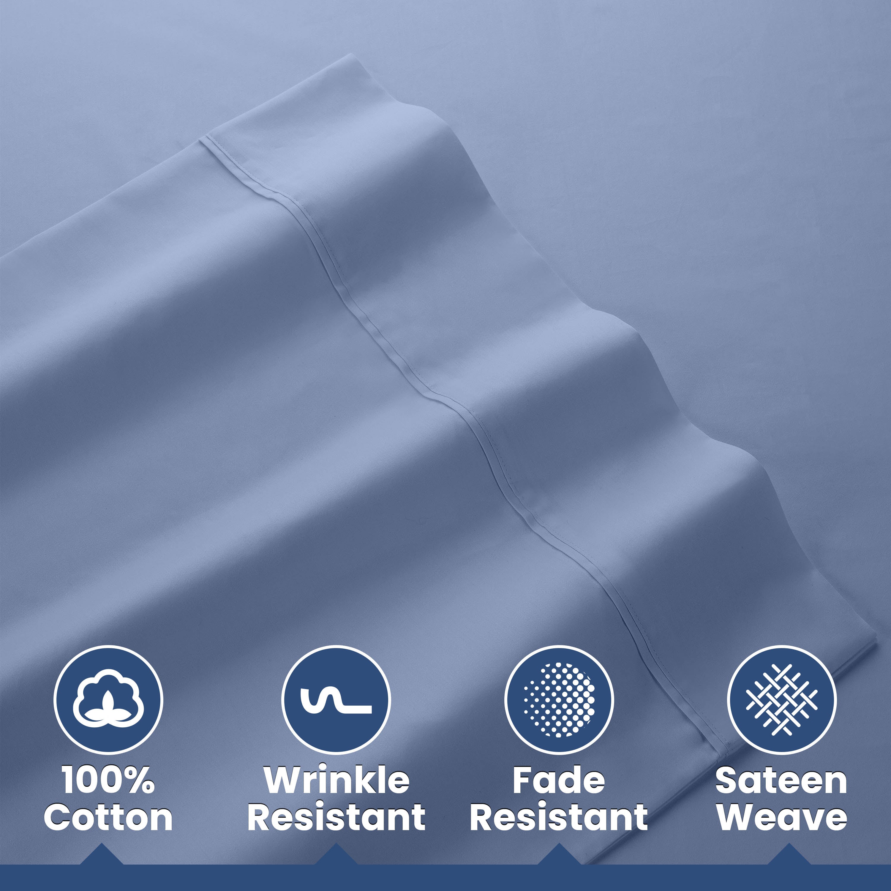 Light blue cotton sheets with a smooth texture and decorative stitching, featuring icons for cotton, wrinkle resistance, fade