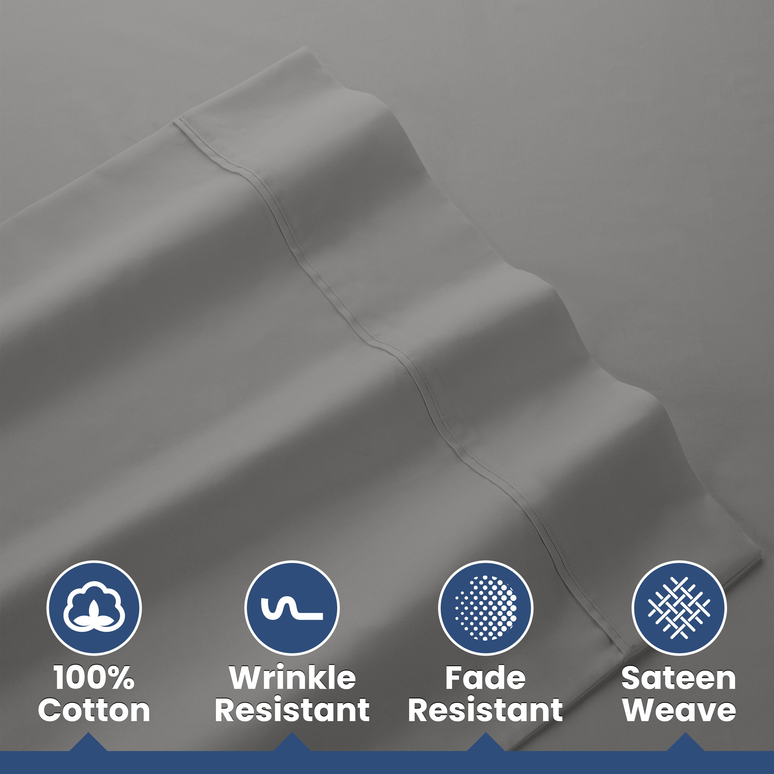 Gray cotton sheets with a smooth sateen weave and features for wrinkle and fade resistance.