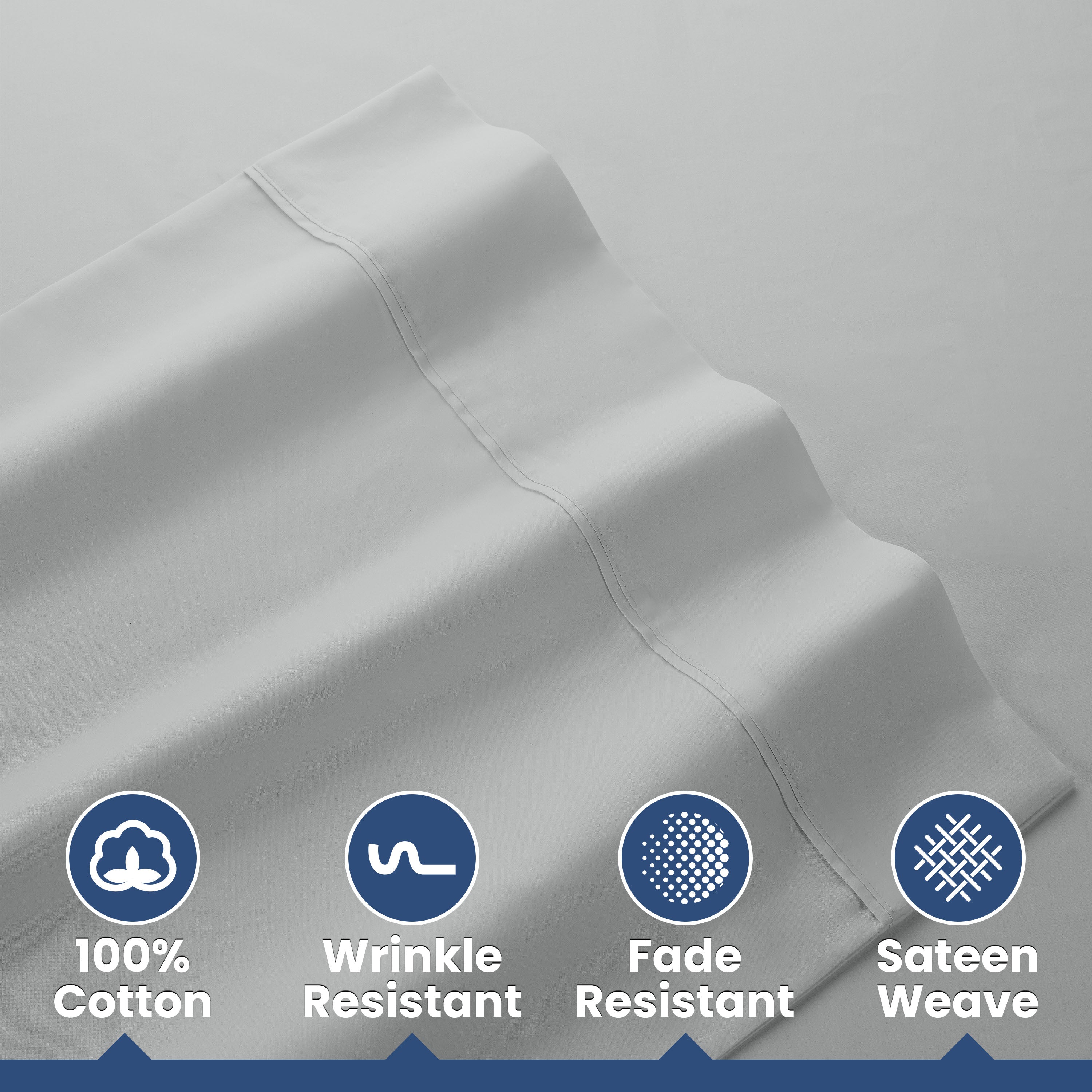 White cotton sheets with a smooth texture and decorative stitching, featuring icons for cotton, wrinkle resistance, fade resi