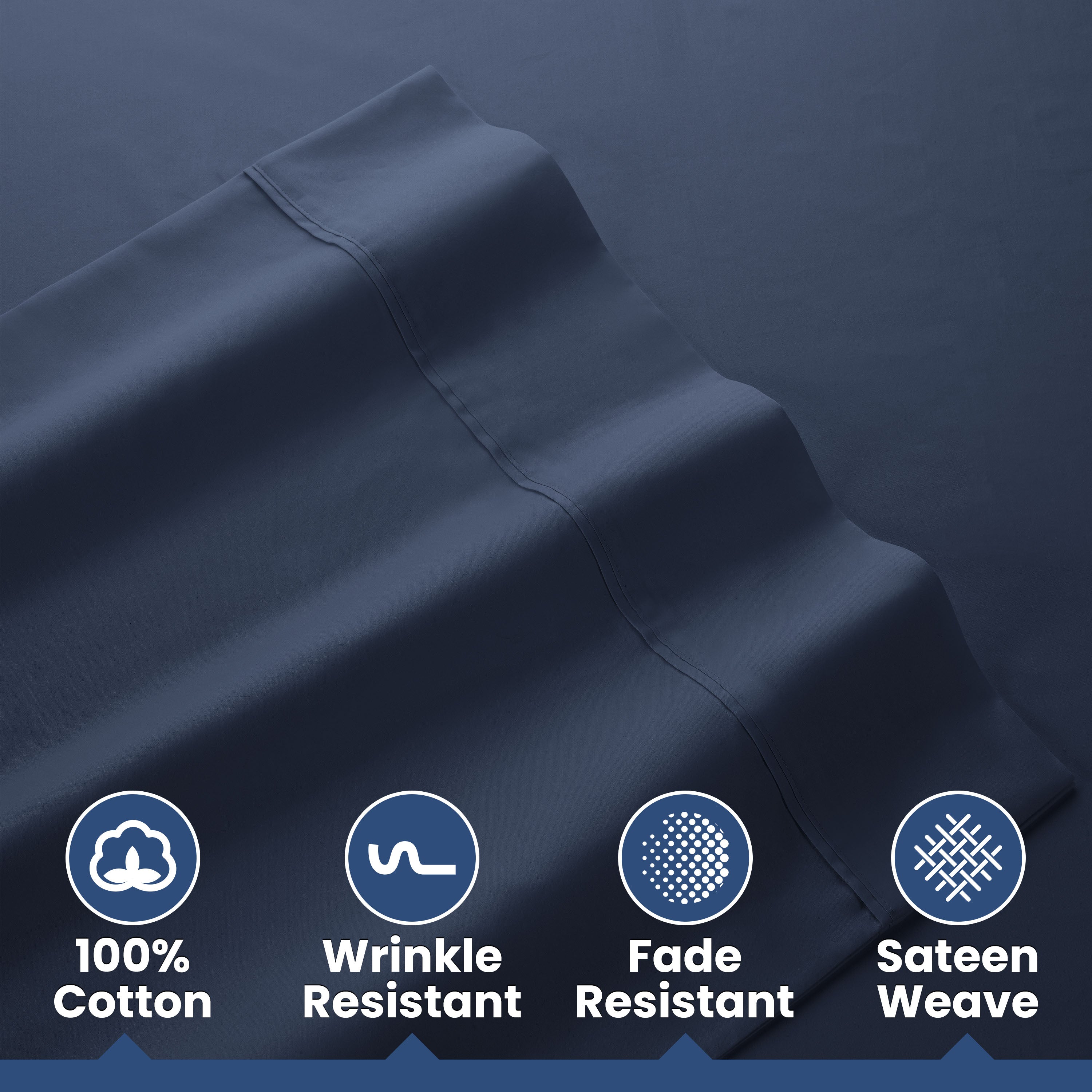 Navy cotton sheet set with a smooth sateen weave and features for wrinkle and fade resistance.