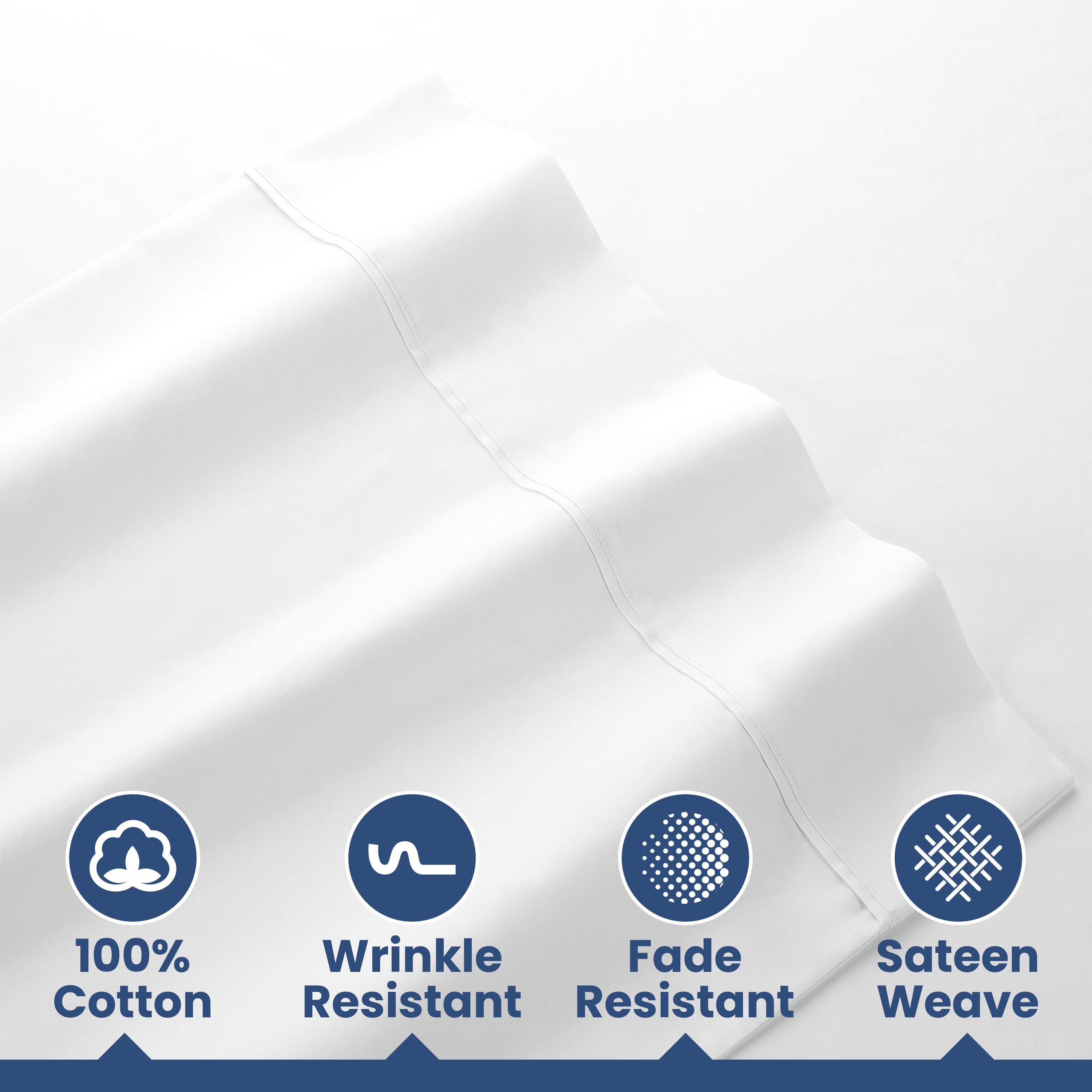 White cotton sheets with a smooth texture and features for wrinkle and fade resistance.