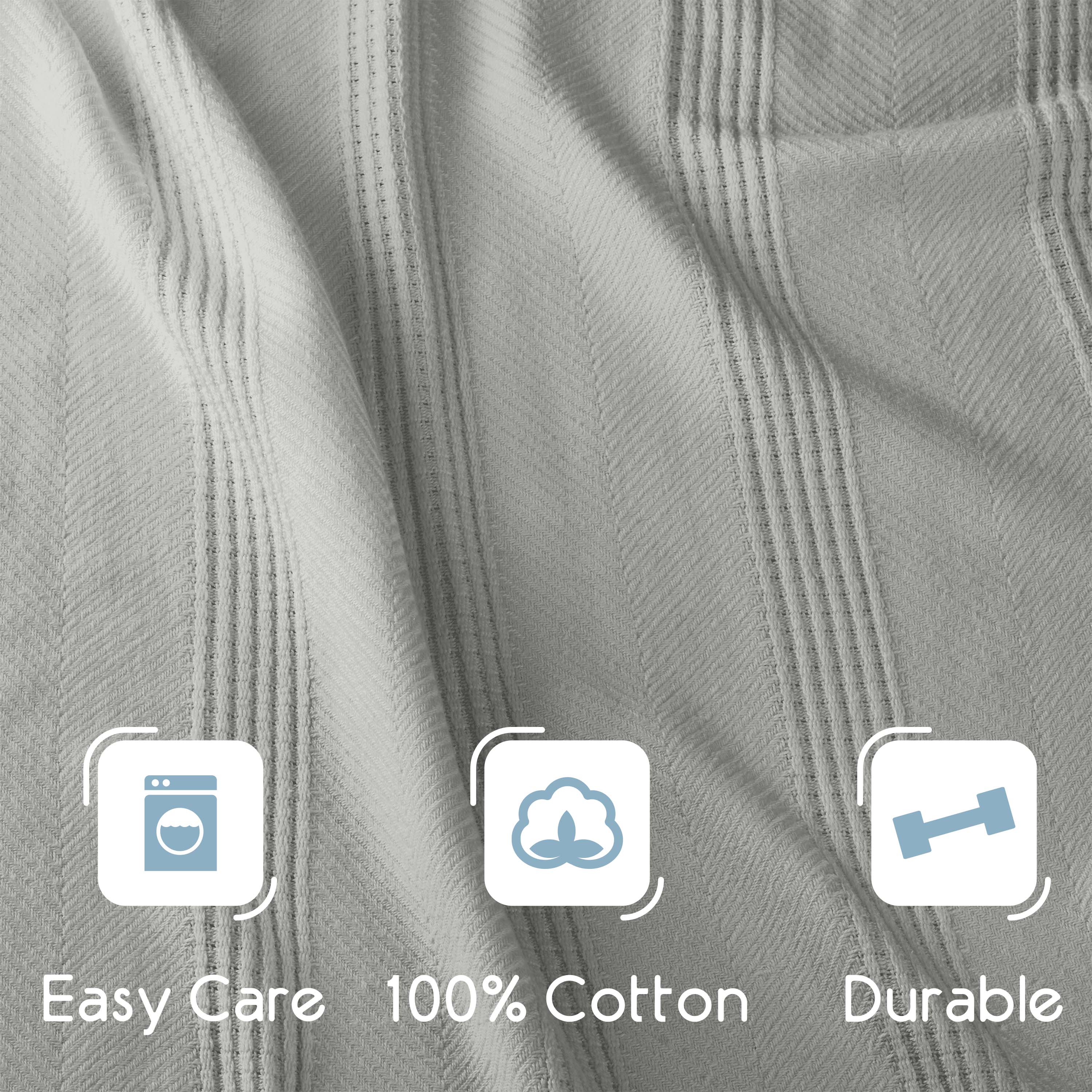 Light gray cotton blanket with a textured pattern and icons indicating easy care, 100% cotton, and durability.