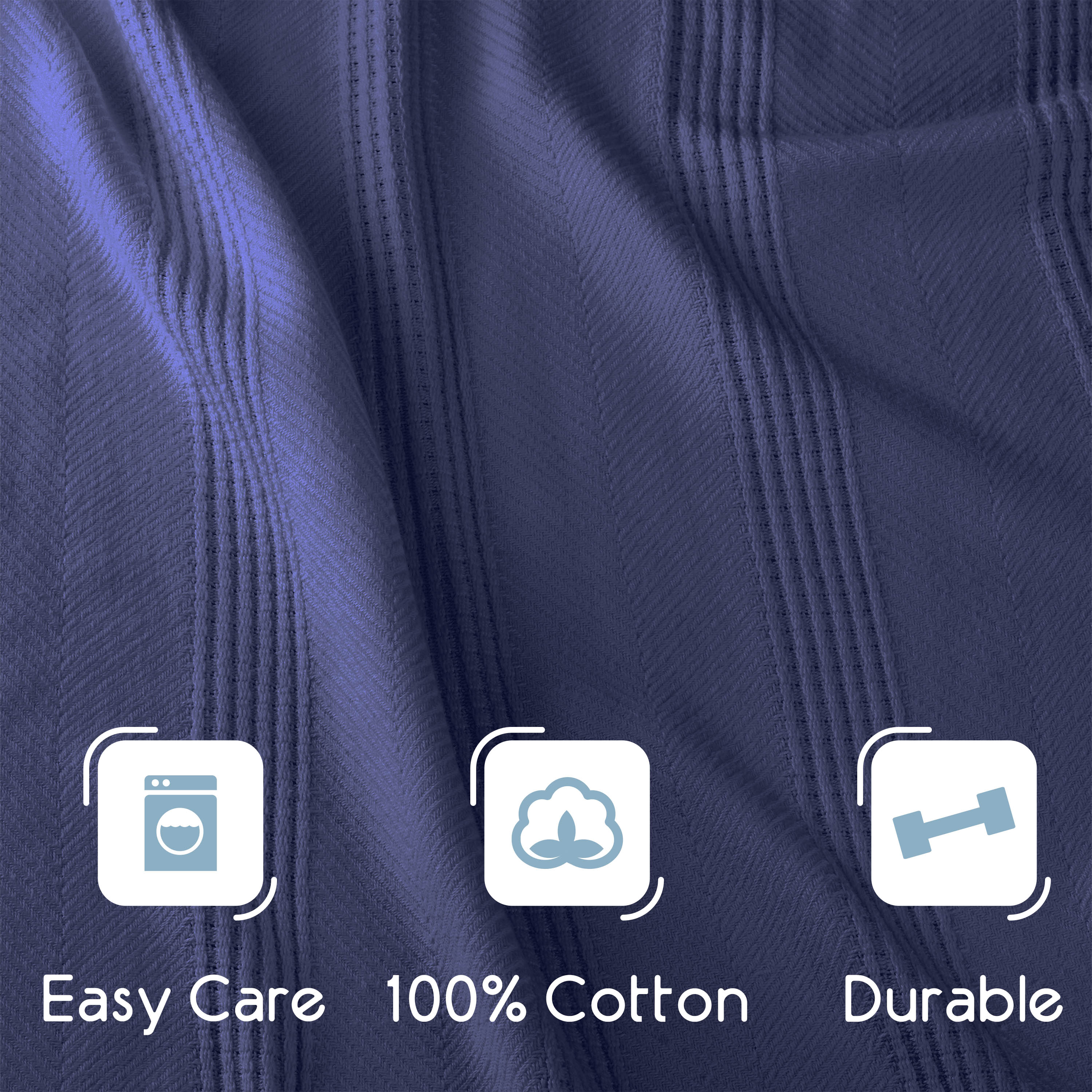 Cotton blanket with a textured pattern in dark blue, featuring icons for easy care, cotton material, and durability.