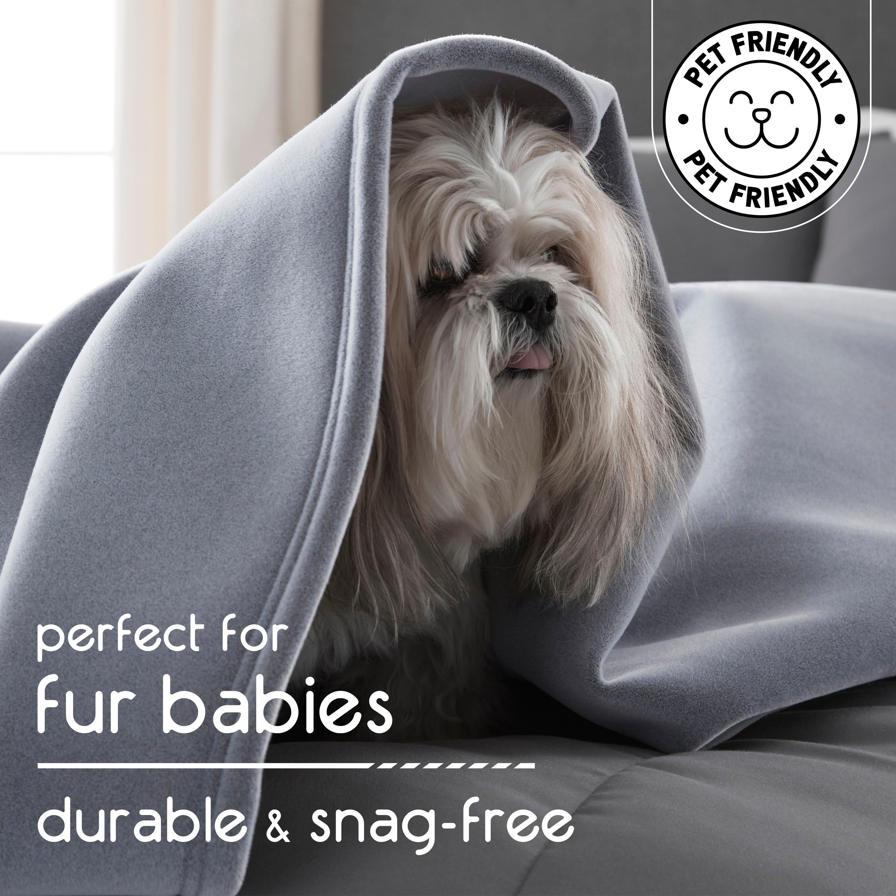 A small dog with long fur is partially covered by a gray blanket on a couch.