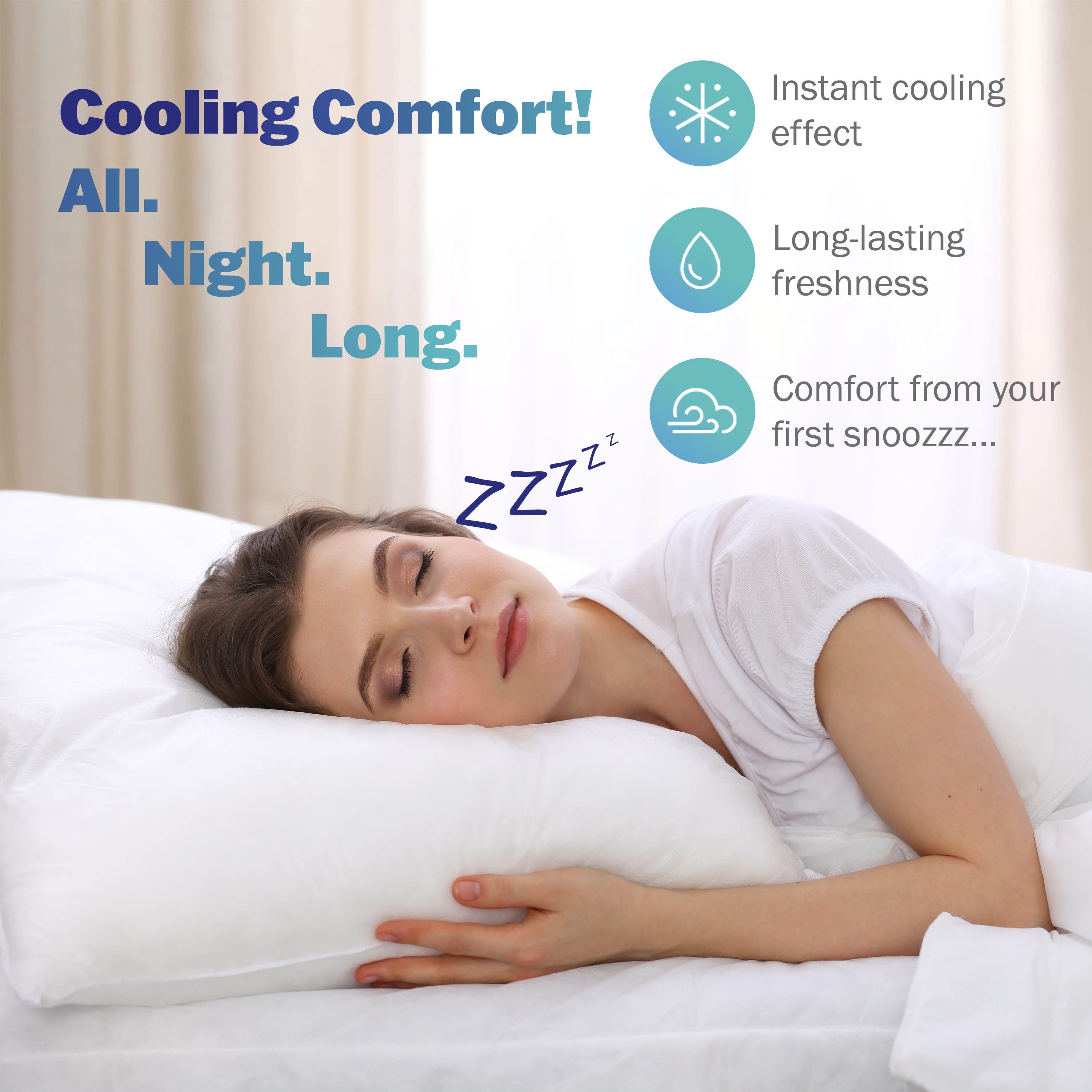 A woman sleeps on a white pillow in a bright room, with text highlighting cooling comfort features.