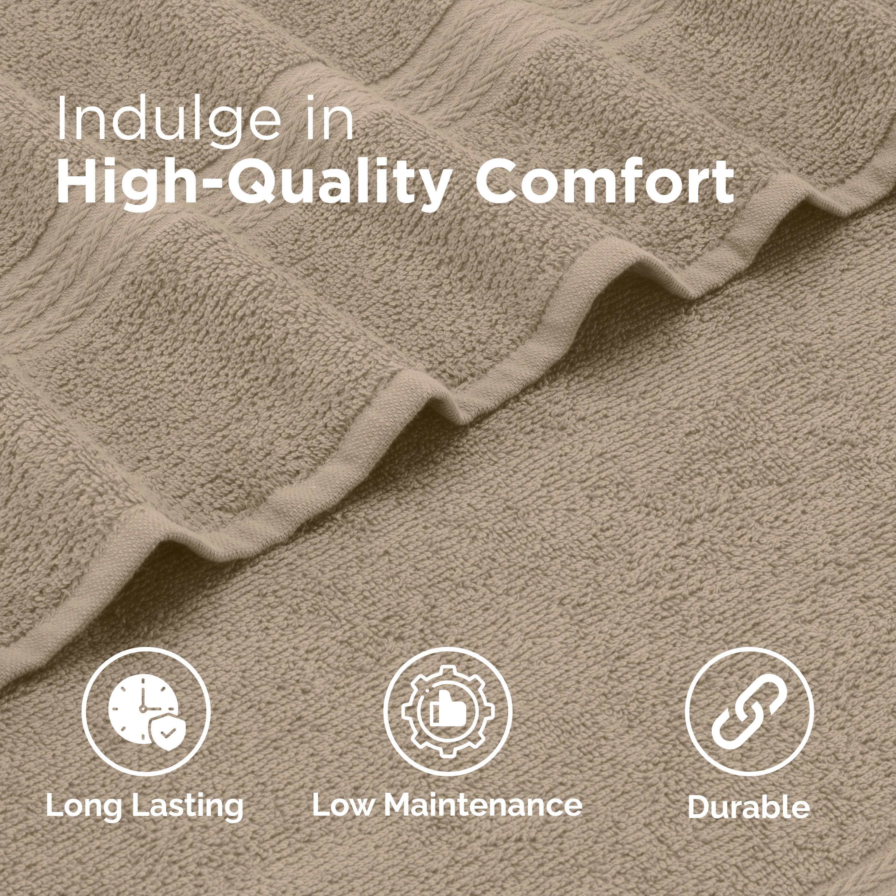Close-up of a textured beige towel with decorative edges and icons indicating durability, low maintenance, and longevity.