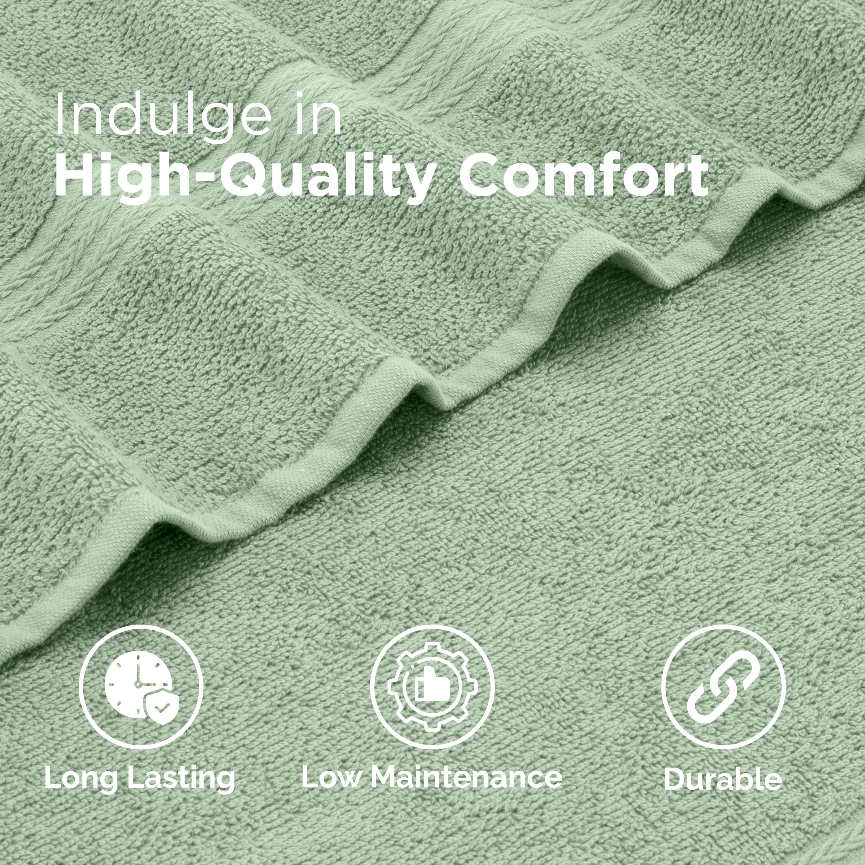 Soft green towels with textured design, showcasing durability and low maintenance features.