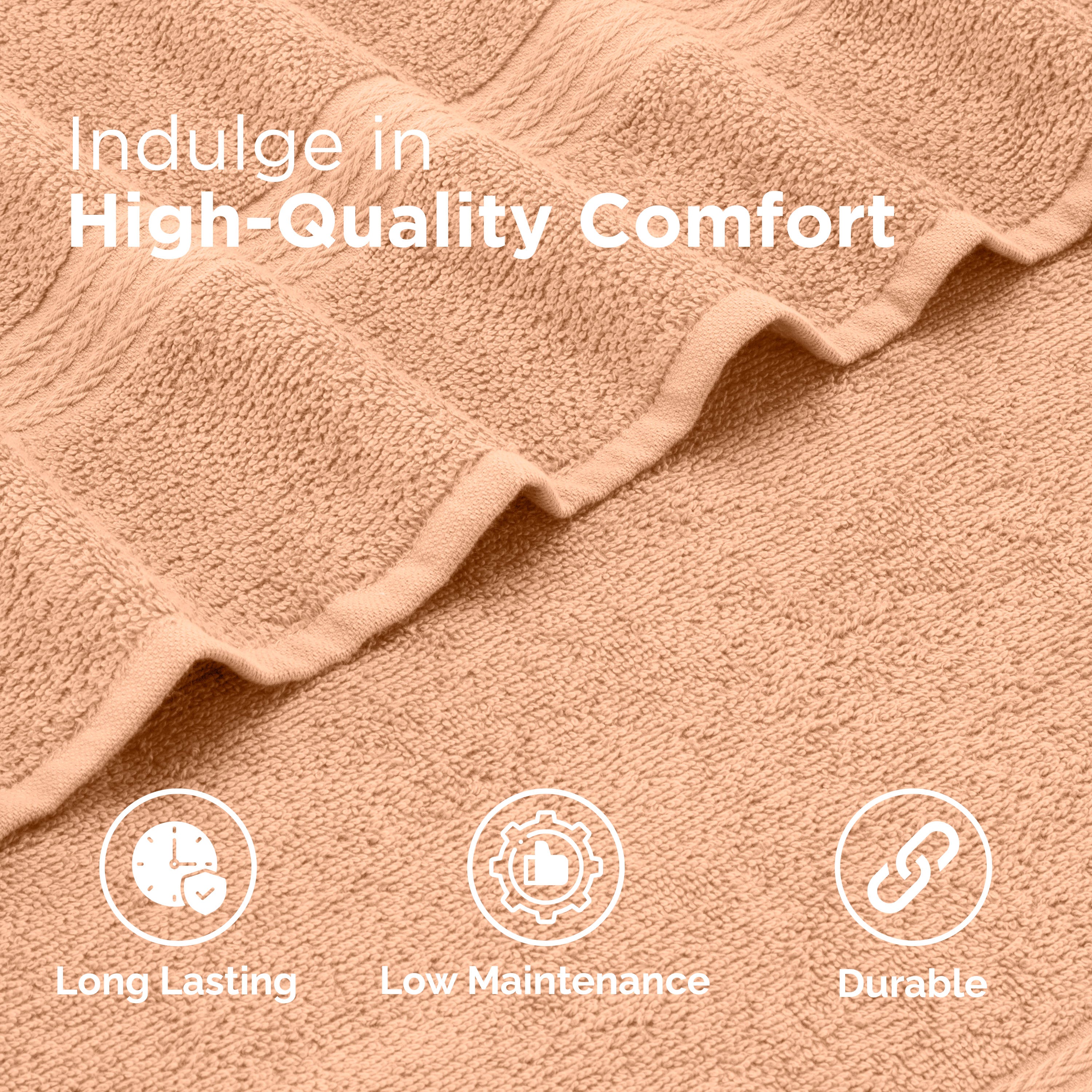 Peach-colored towel fabric with textured pattern and icons indicating durability, low maintenance, and longevity.