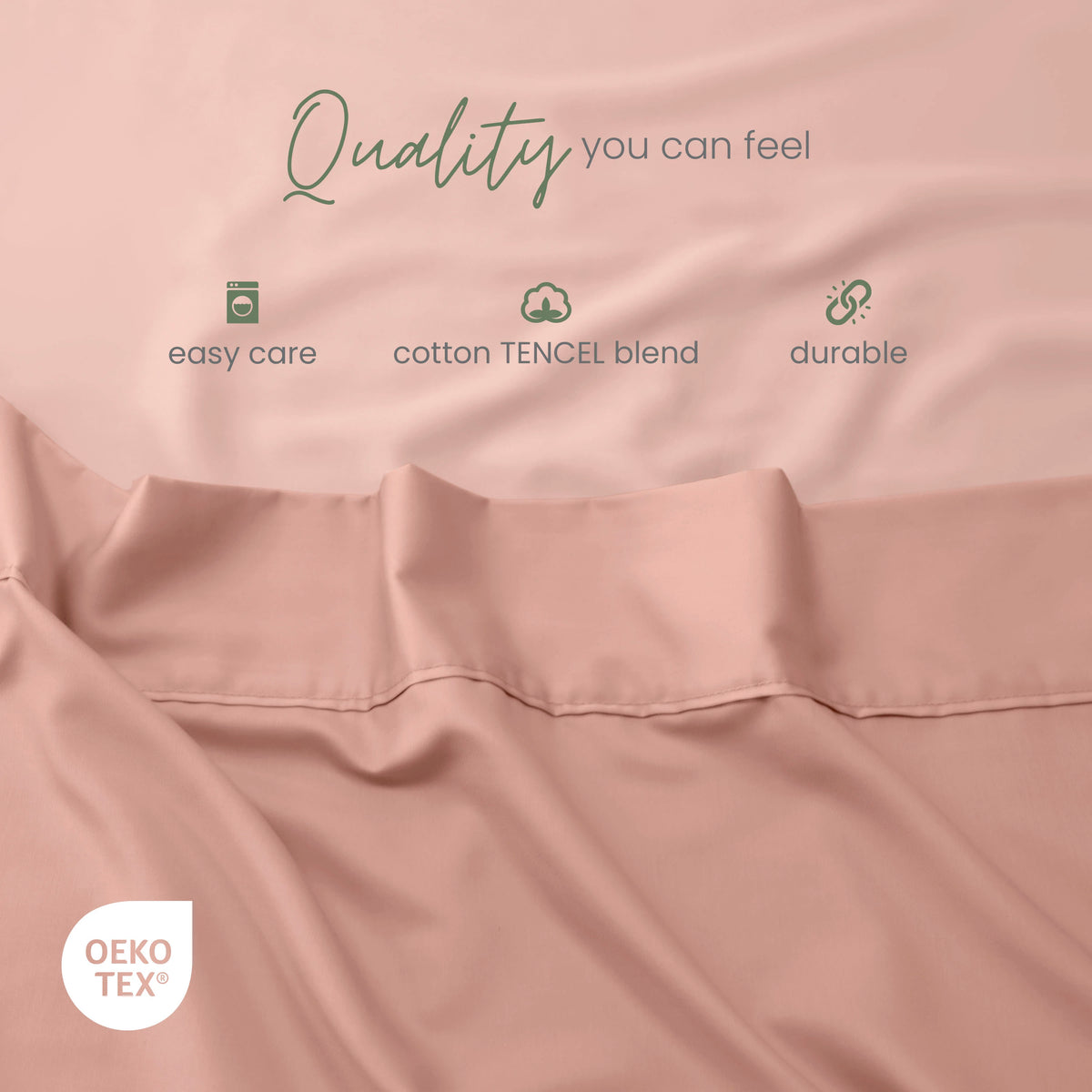 Clay fabric with white text overlays reading 'Quality you can feel', 'easy care', 'cotton TENCEL blend', and 'durable', plus an OEKO-TEX certification badge.
