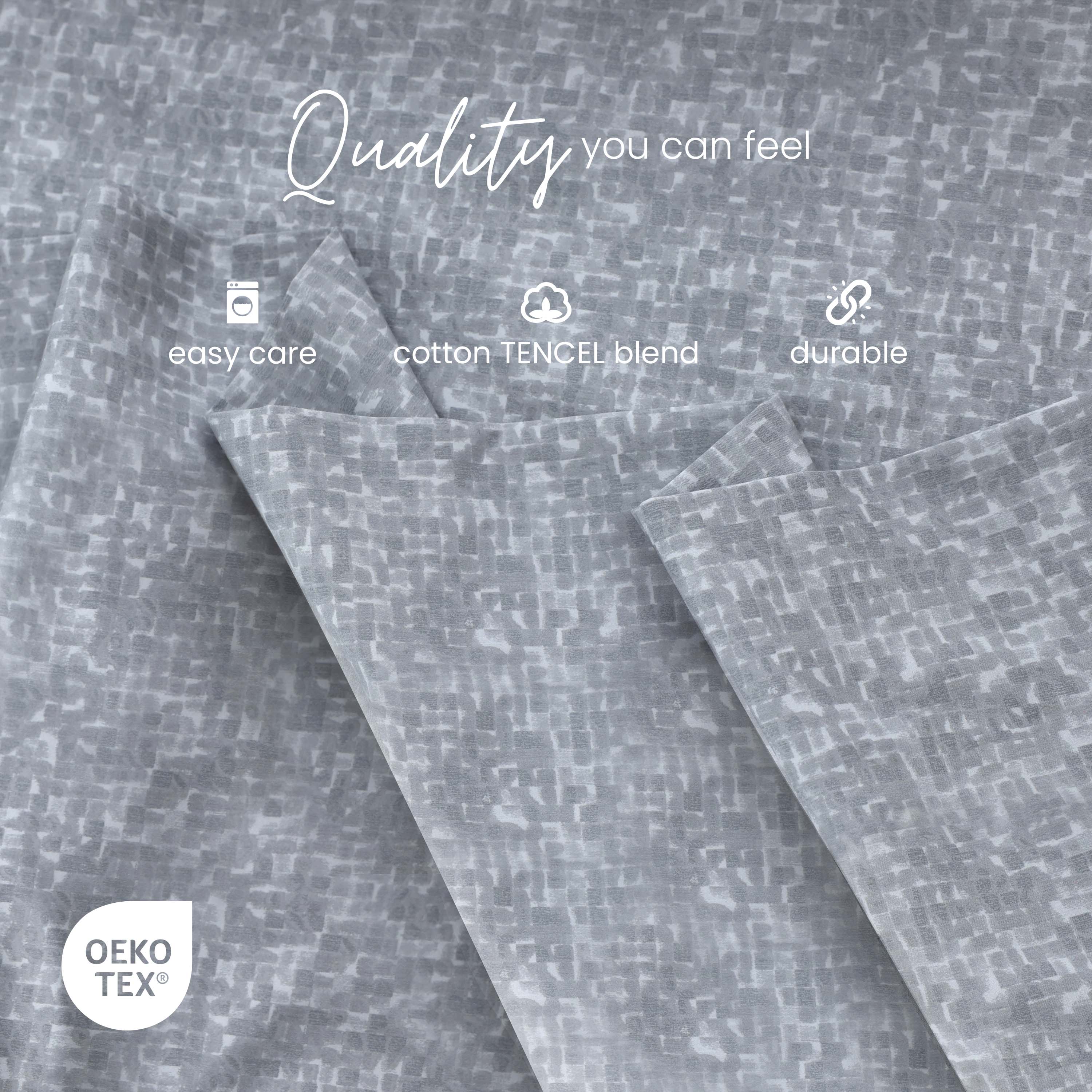 Charcoal fabric with text highlighting features like 'easy care', 'cotton TENCEL blend', and 'durability'. Oeko-Tex logo visible.