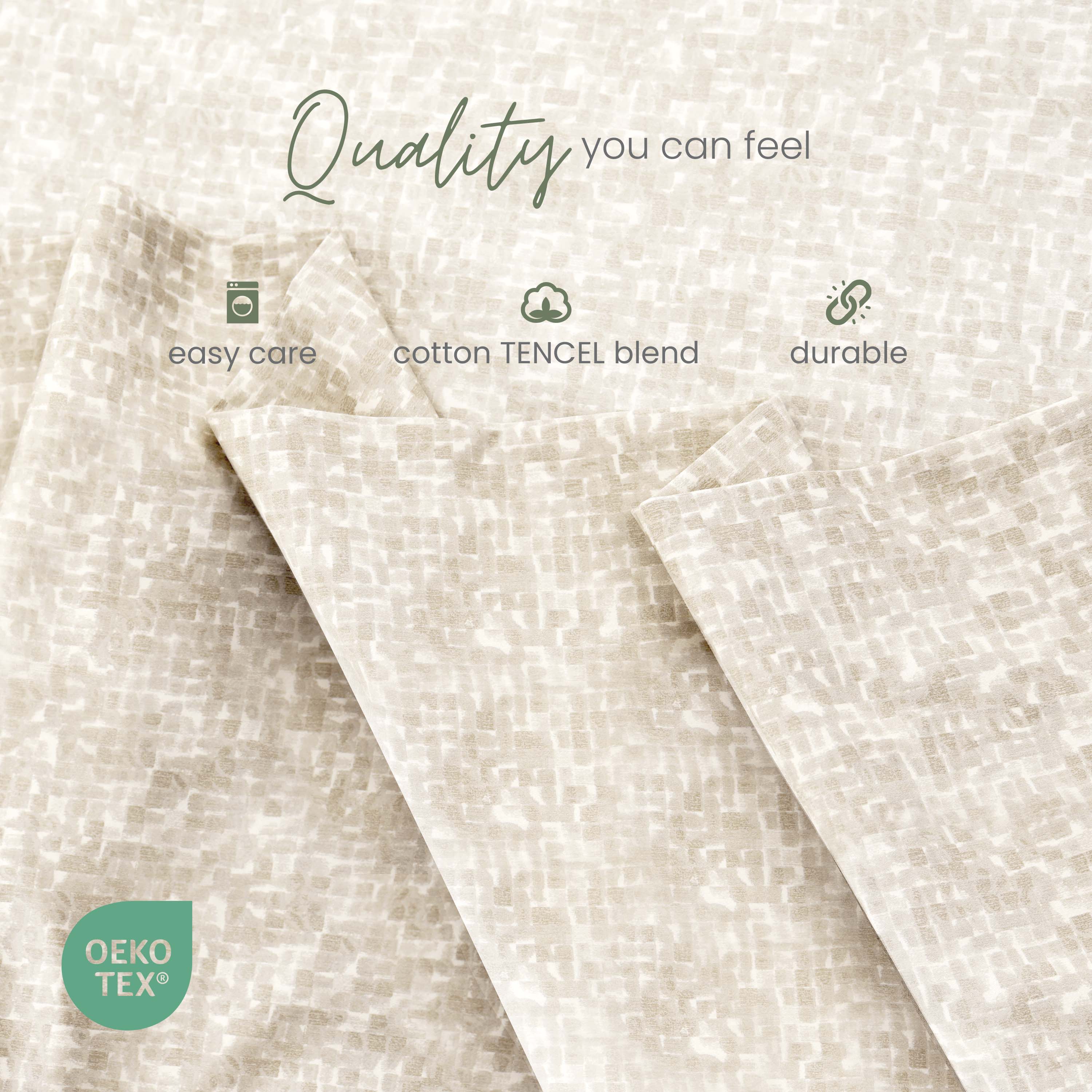 Textured fabric with TENCEL blend and OEKO-TEX certification on a light background