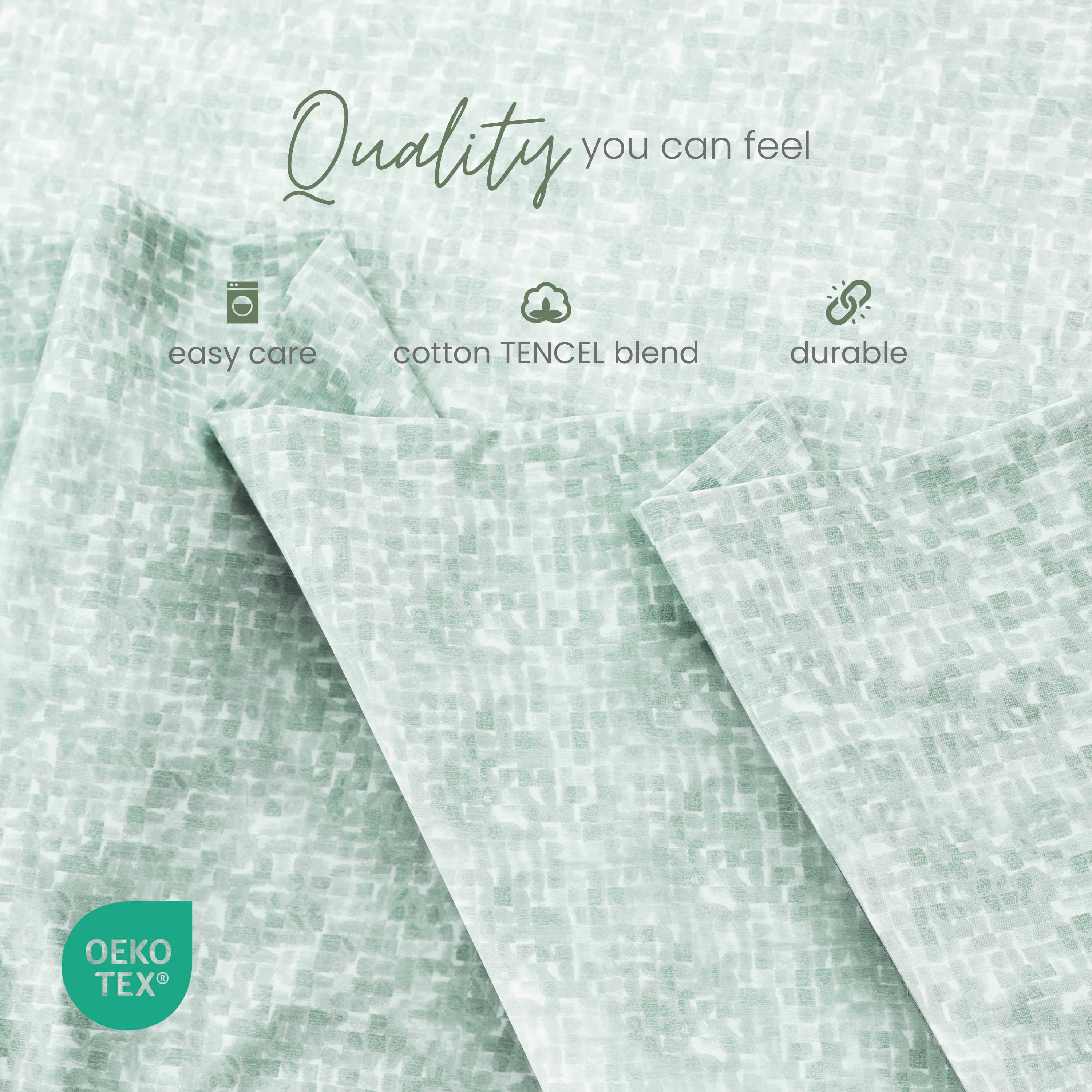 Textured fabric with sage OEKO-TEX logo and text about fabric qualities.