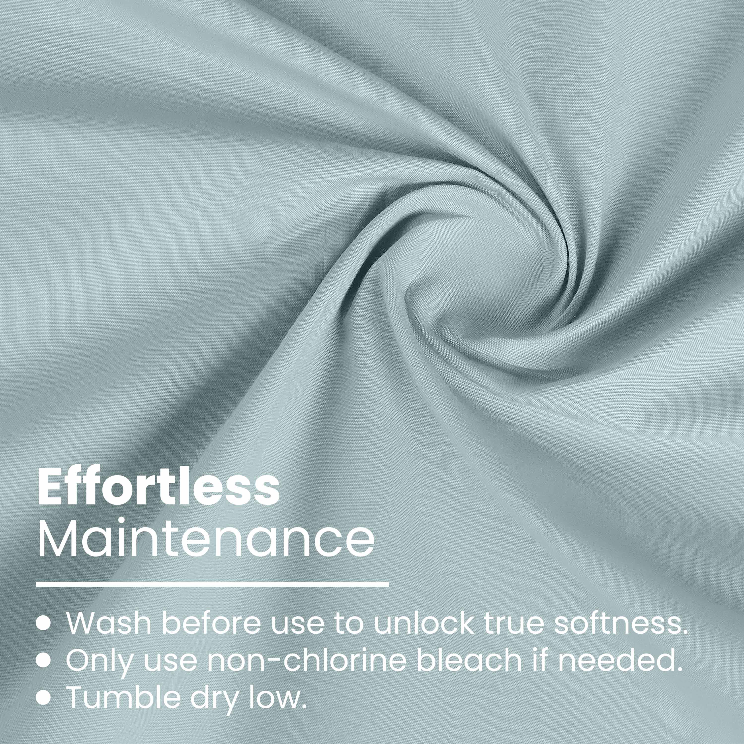 Light blue fabric with a swirl pattern, featuring care instructions for maintenance.