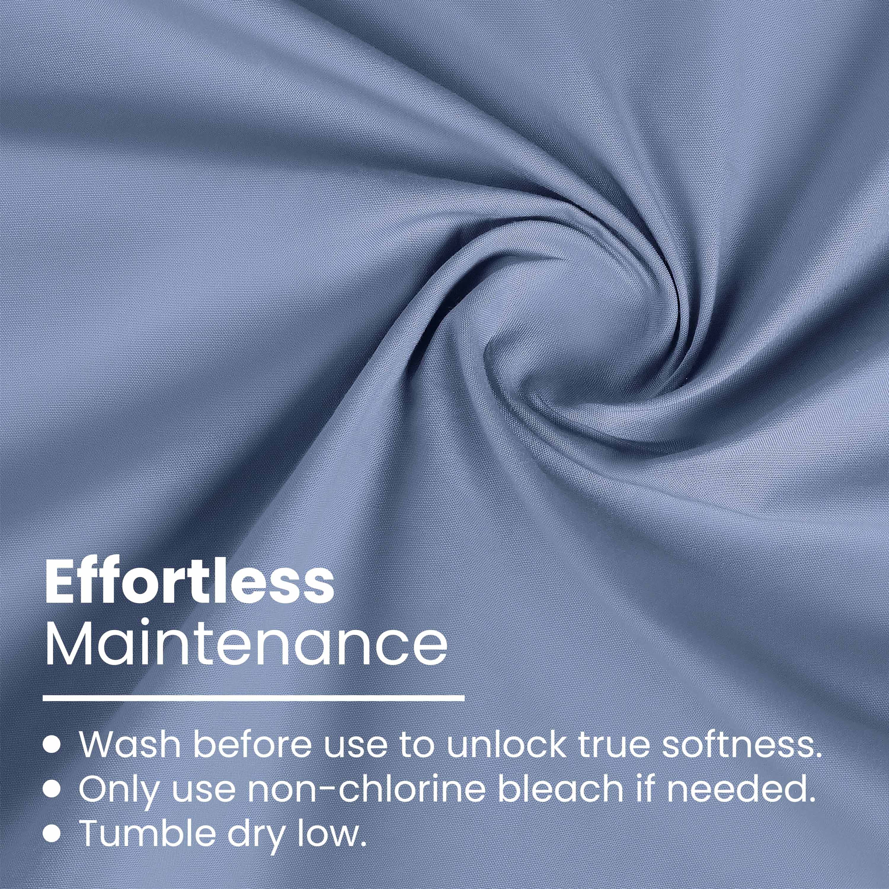 Soft blue fabric with a smooth texture, featuring care instructions for maintenance.