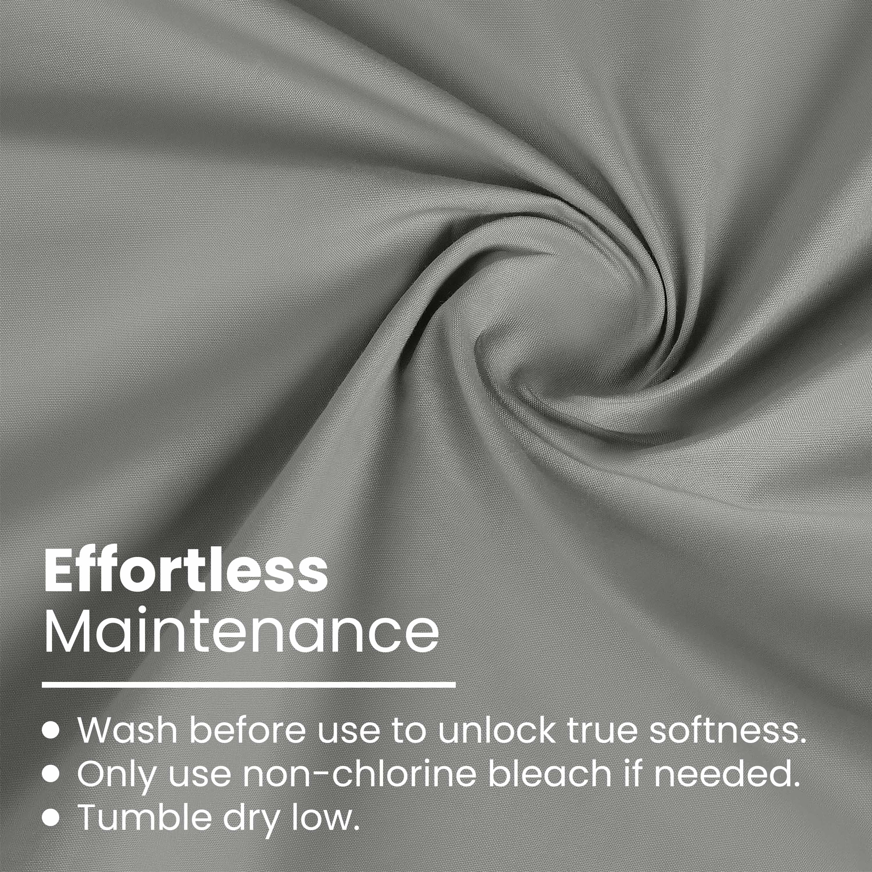Gray fabric with a swirl pattern and maintenance instructions in white text.