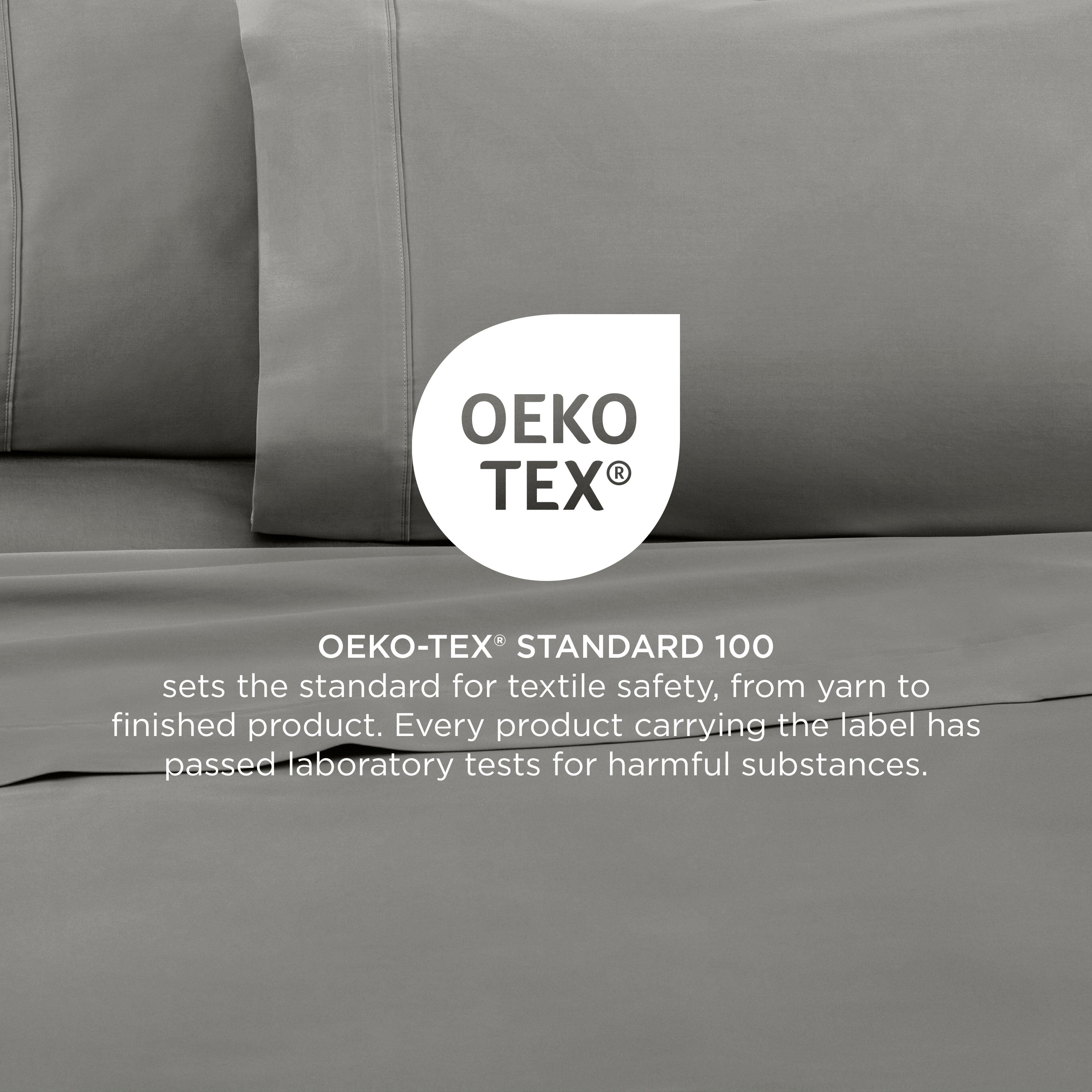 Gray cotton sheets with Oeko-Tex Standard 100 certification for textile safety.