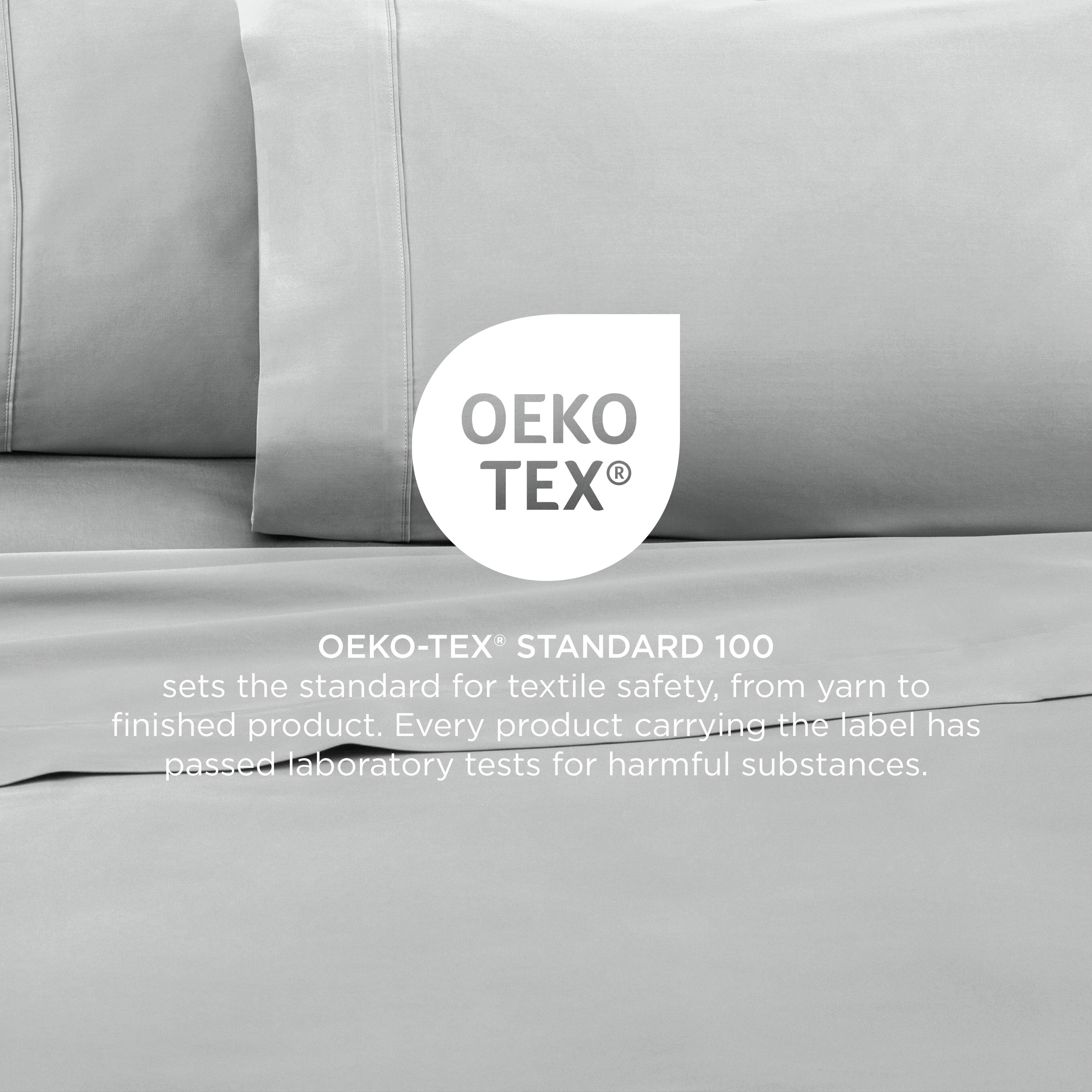Gray cotton sheets with Oeko-Tex certification for textile safety and harmful substance testing.