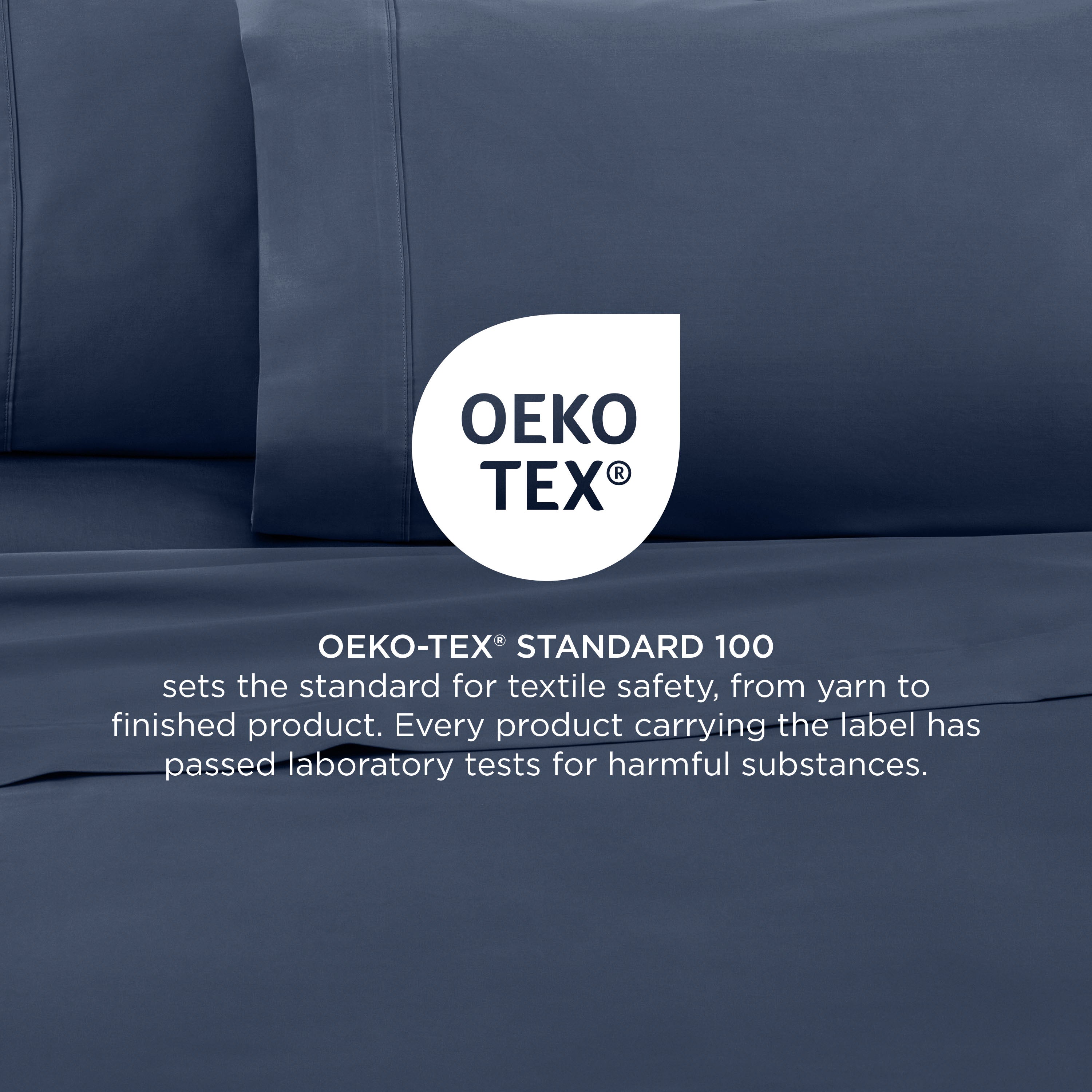 Dark blue cotton sheets with Oeko-Tex Standard 100 certification for textile safety.